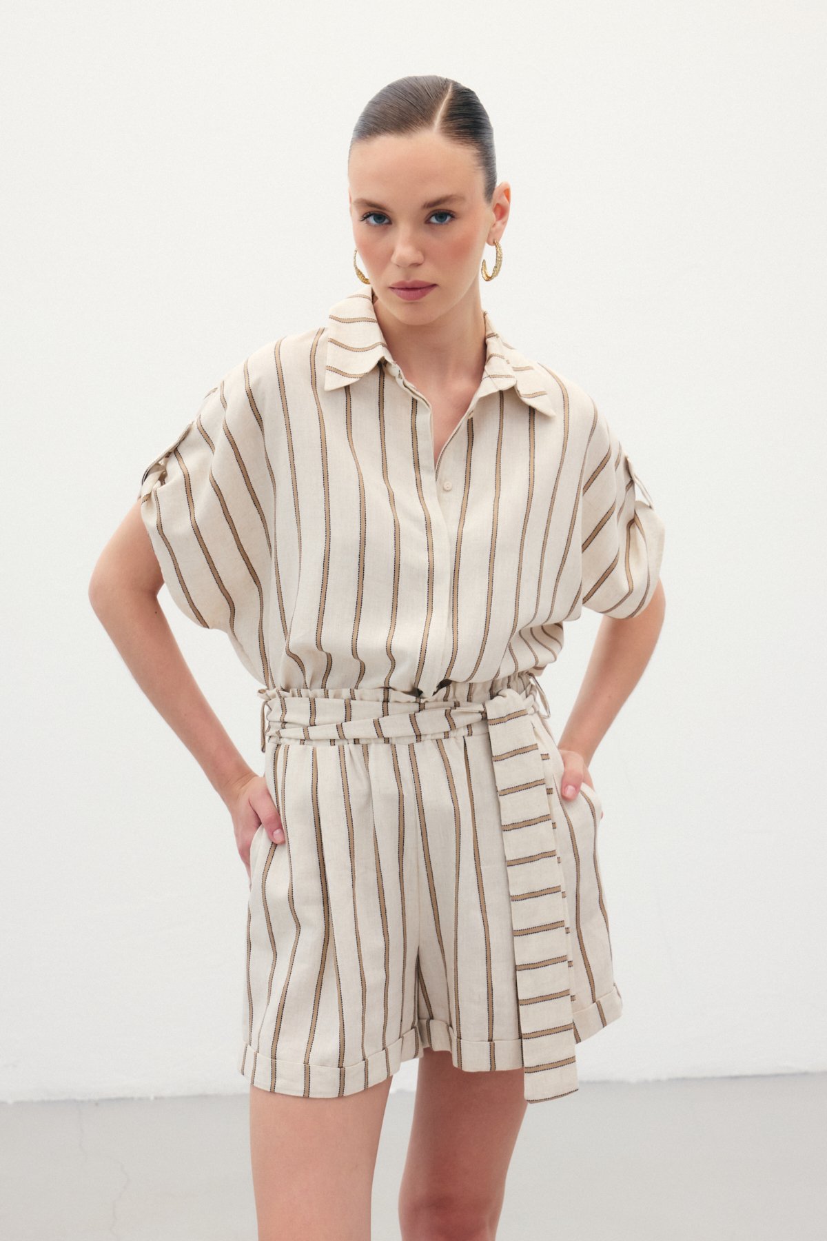 Kısa Kollu Keten Karışımlı Gömlek - Camel