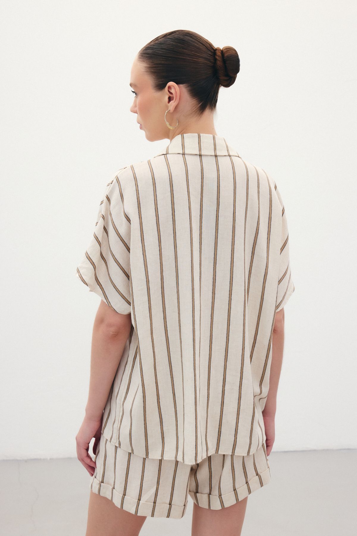 Kısa Kollu Keten Karışımlı Gömlek - Camel