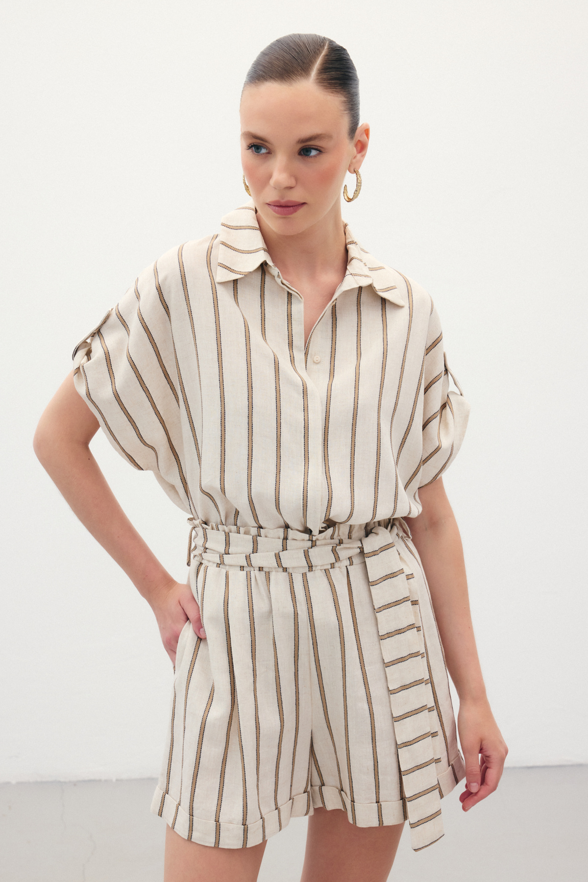 Kısa Kollu Keten Karışımlı Gömlek - Camel