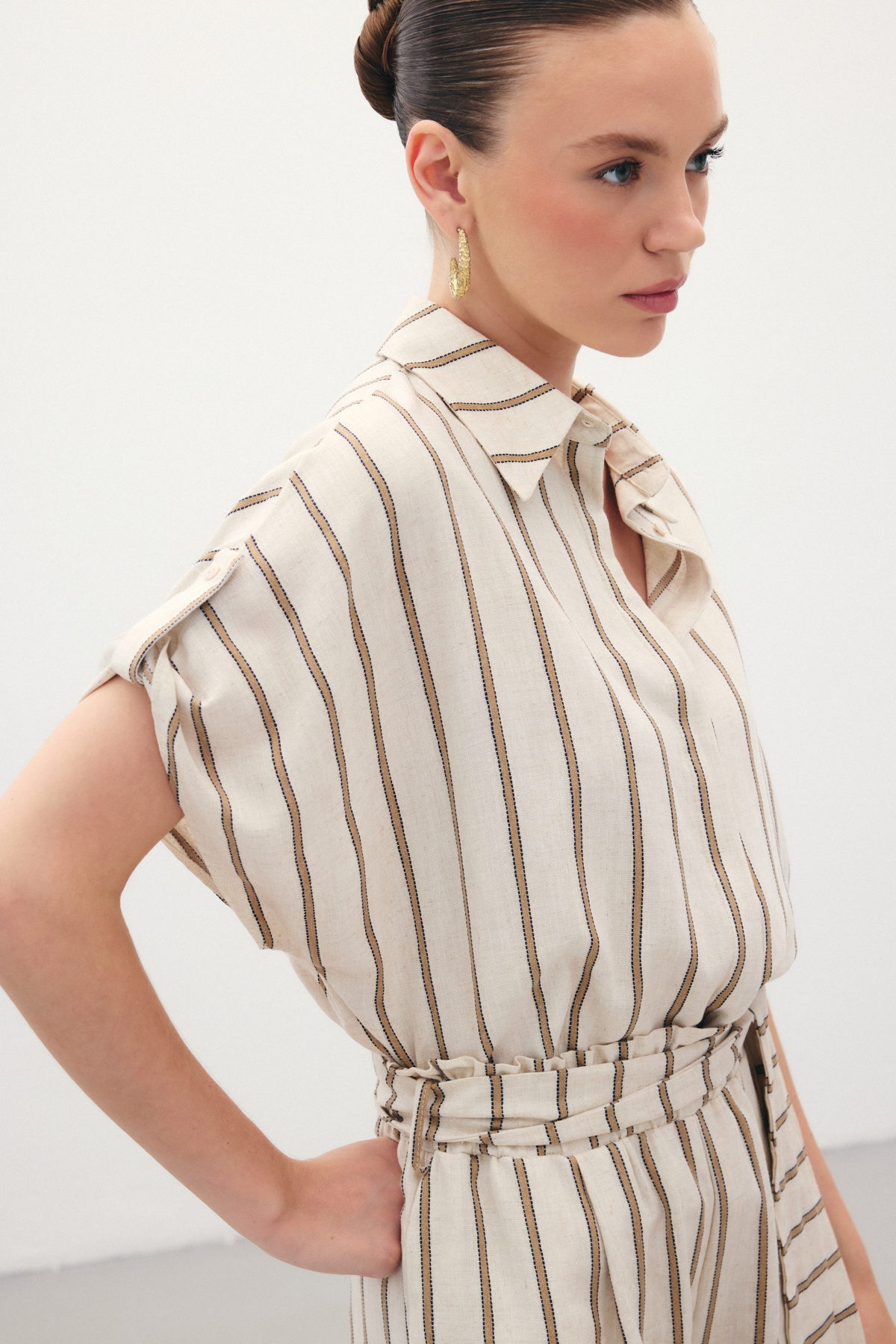 Kısa Kollu Keten Karışımlı Gömlek - Camel