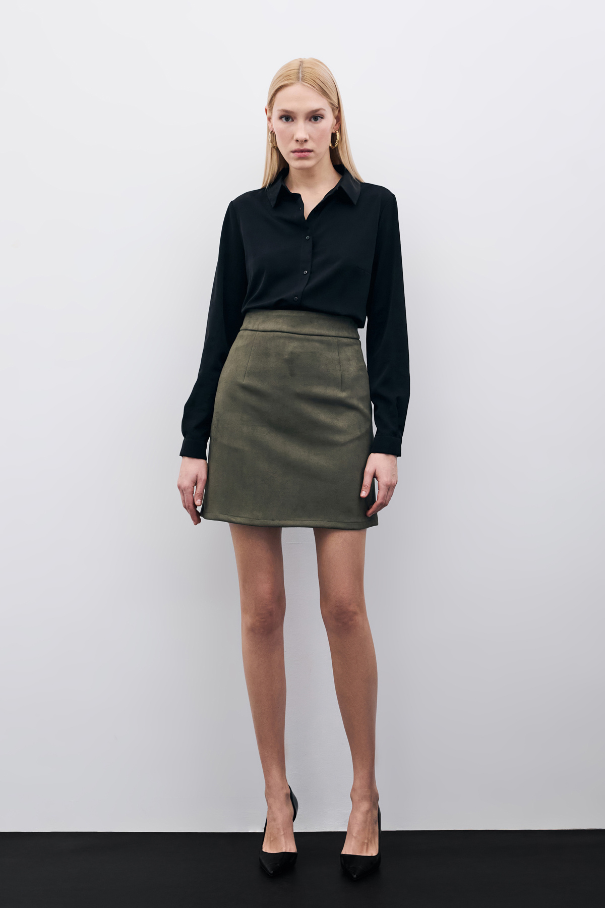 Kısa Süet Etek - Haki