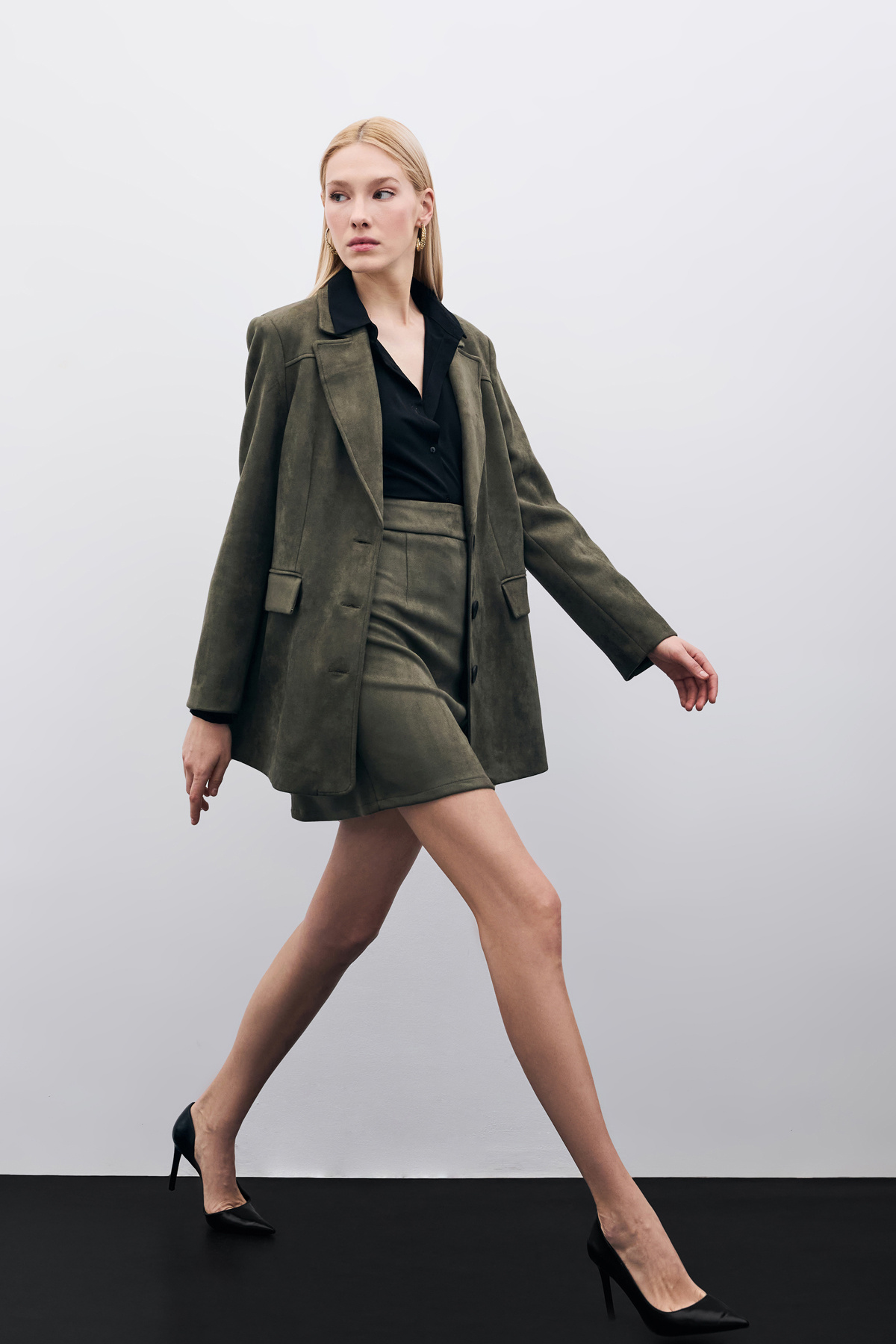 Kısa Süet Etek - Haki