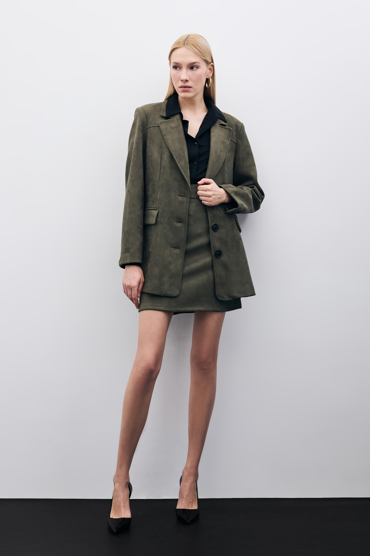 Kısa Süet Etek - Haki