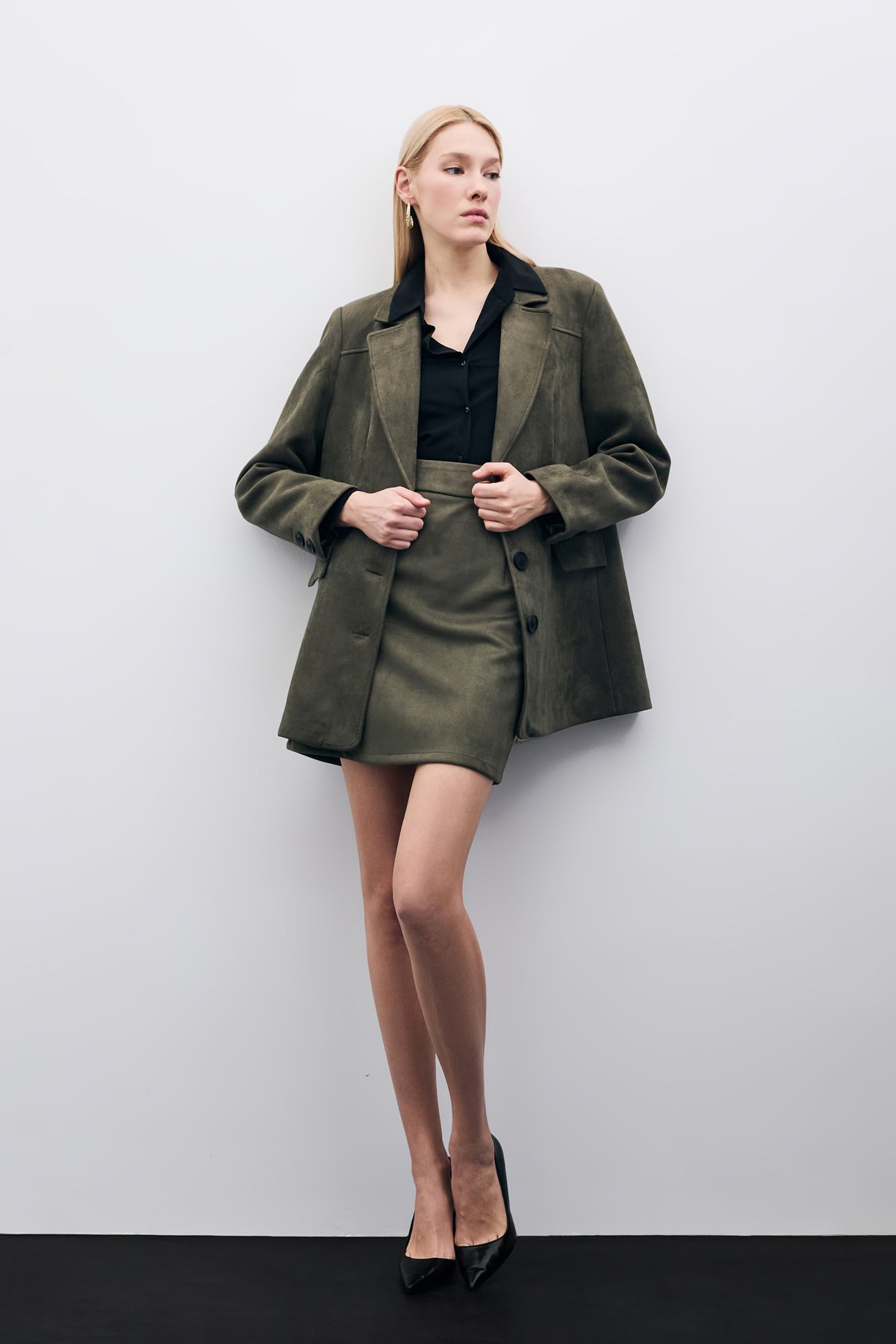 Kısa Süet Etek - Haki