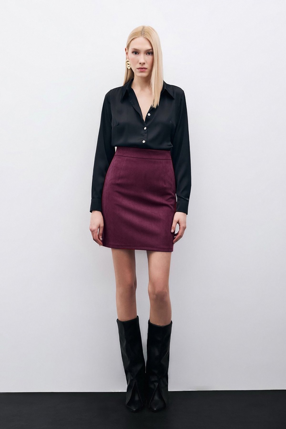 Kısa Süet Etek - Mürdüm