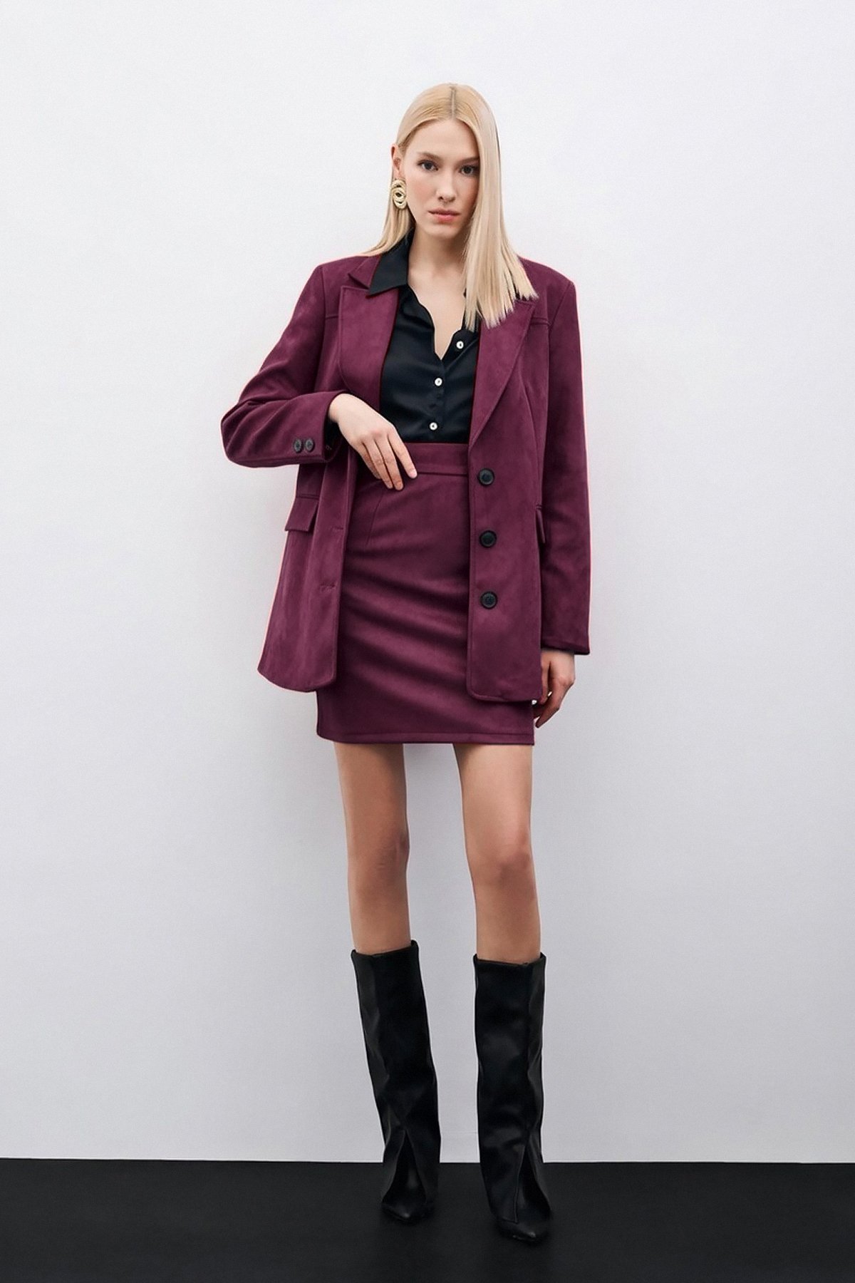 Kısa Süet Etek - Mürdüm