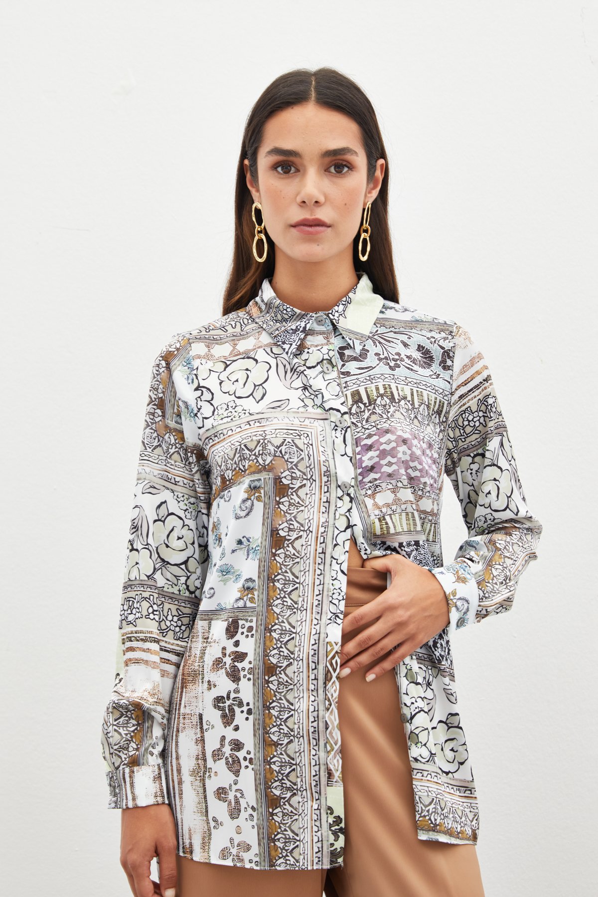 Klasik Desenli Gömlek - CAMEL