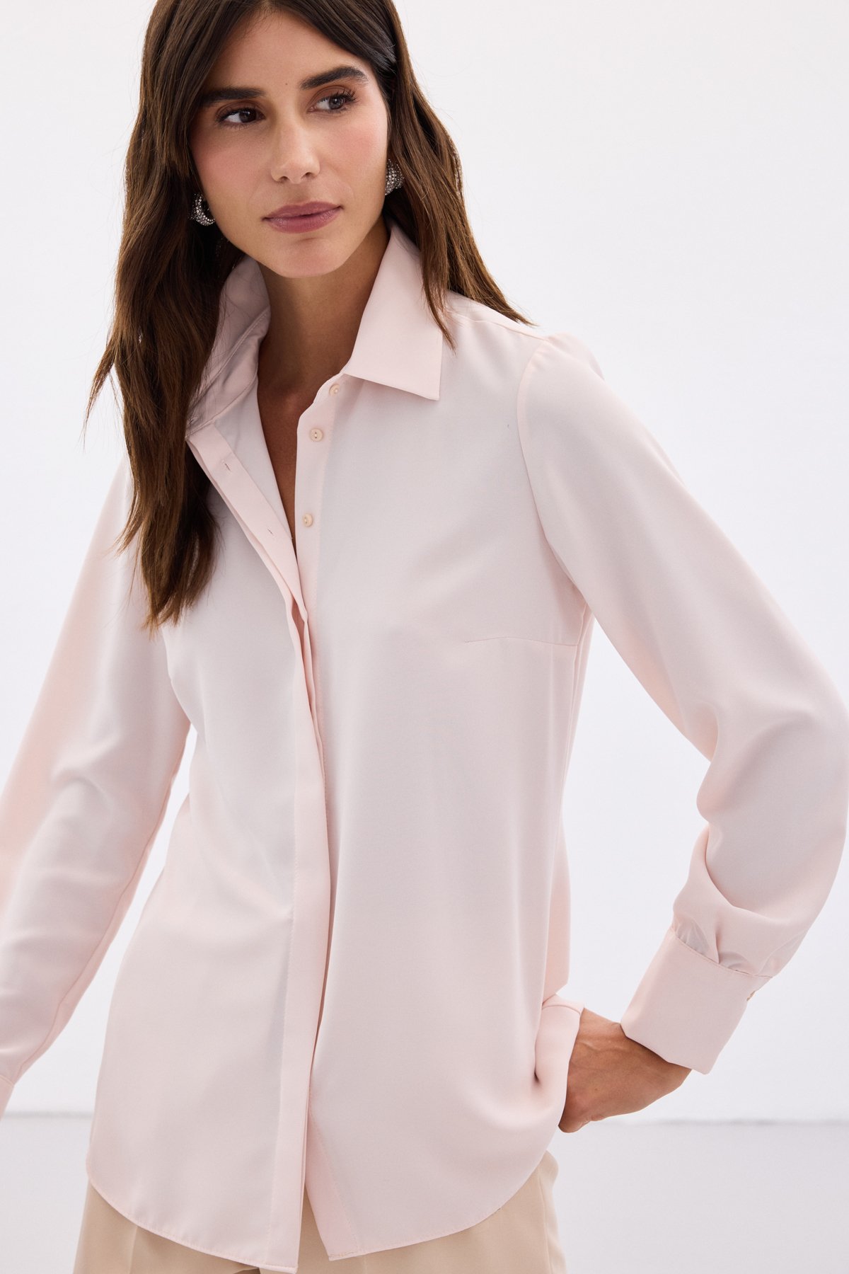 Klasik Düz Gömlek - Pudra