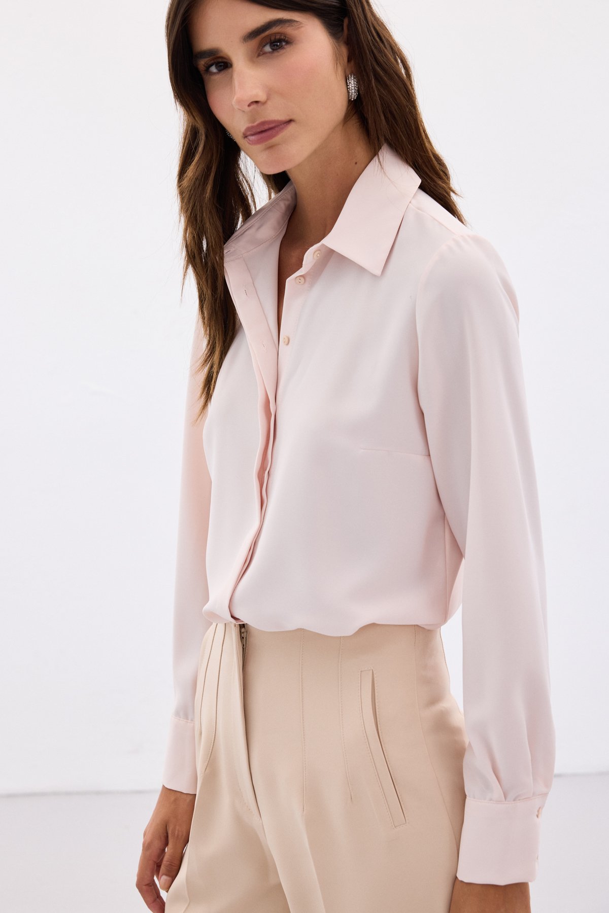 Klasik Düz Gömlek - Pudra
