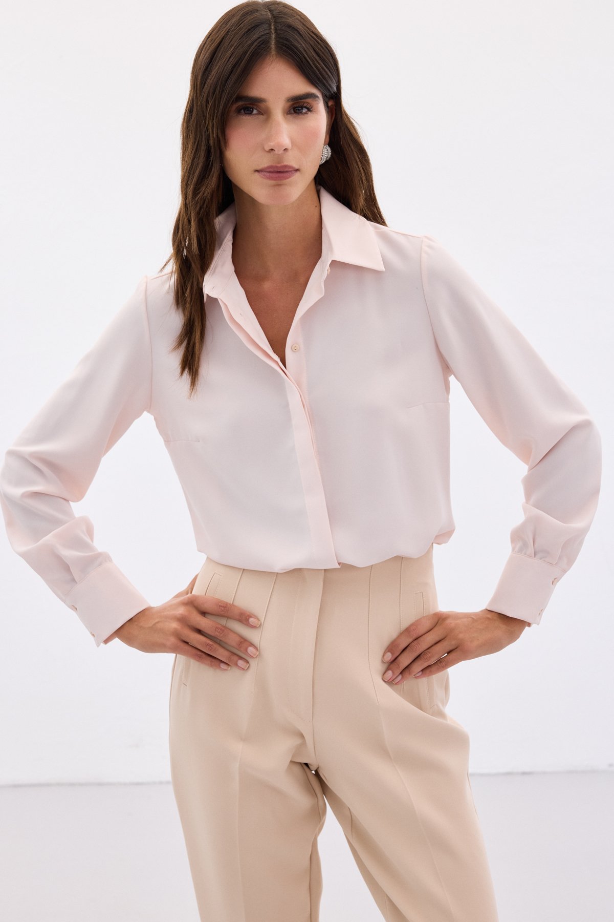 Klasik Düz Gömlek - Pudra