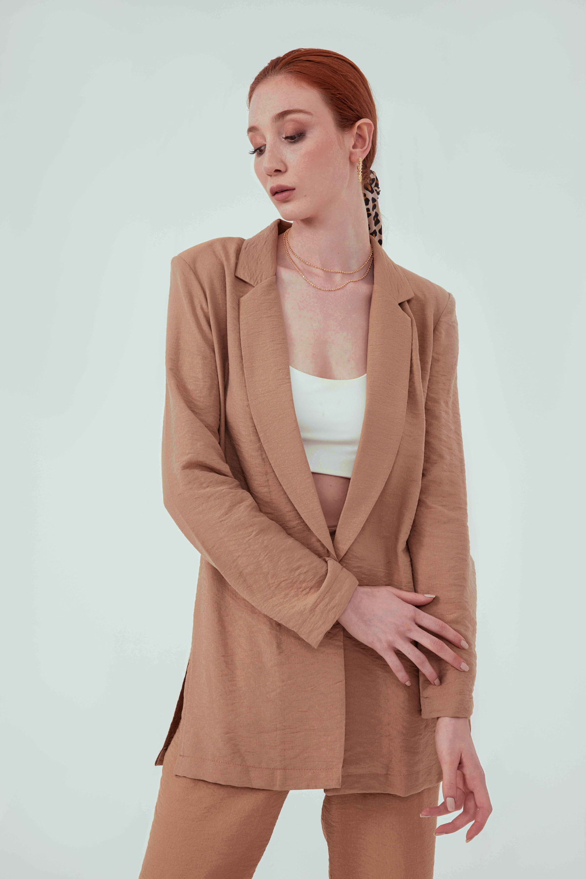 Klasik yaka keten ceket - BEJ