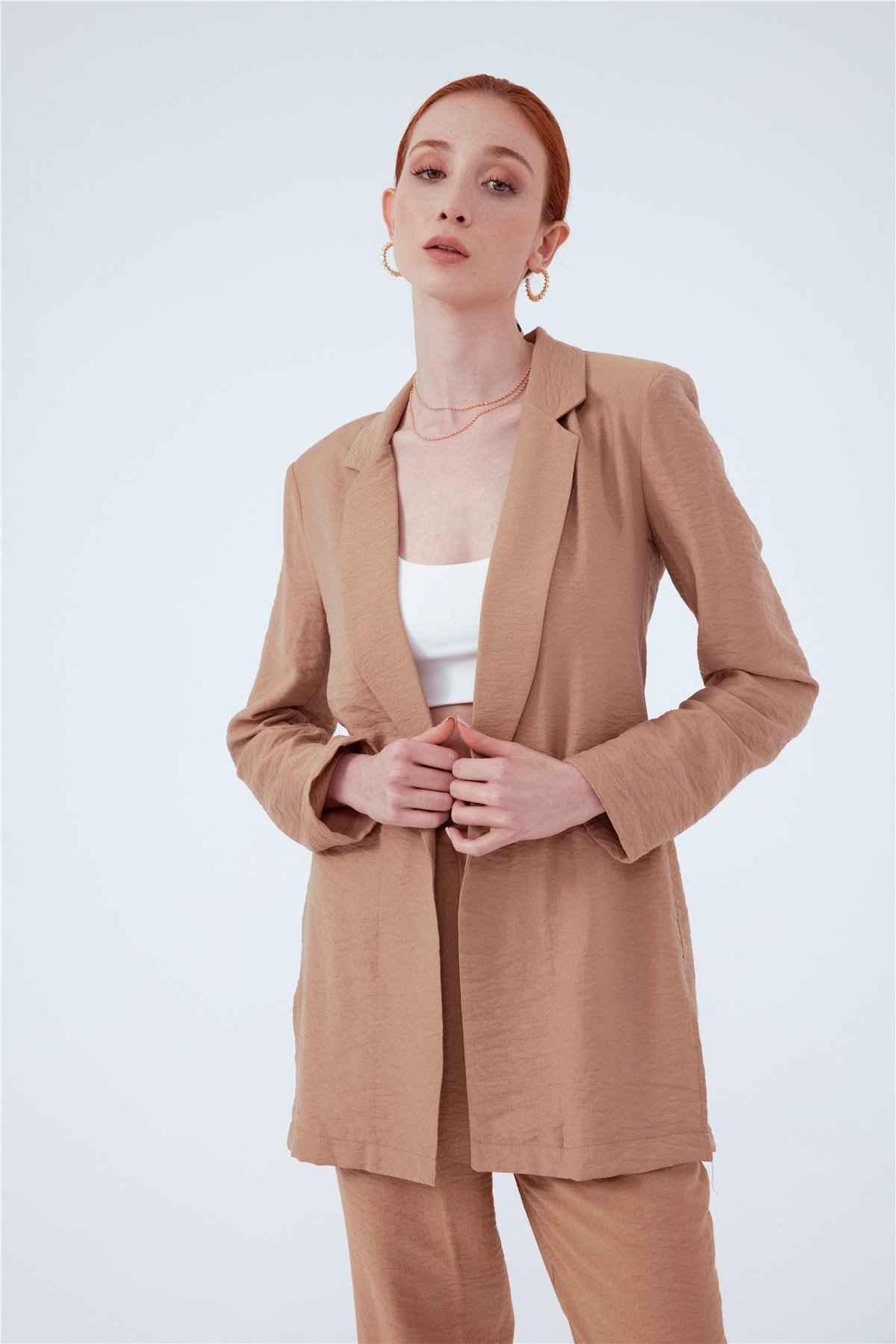 Klasik yaka keten ceket - BEJ