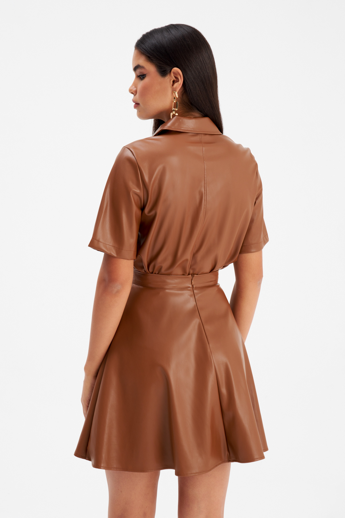 Kloş mini deri etek - KAHVE