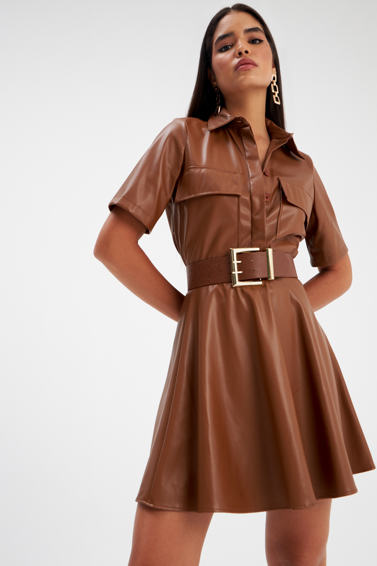 Kloş mini deri etek - KAHVE