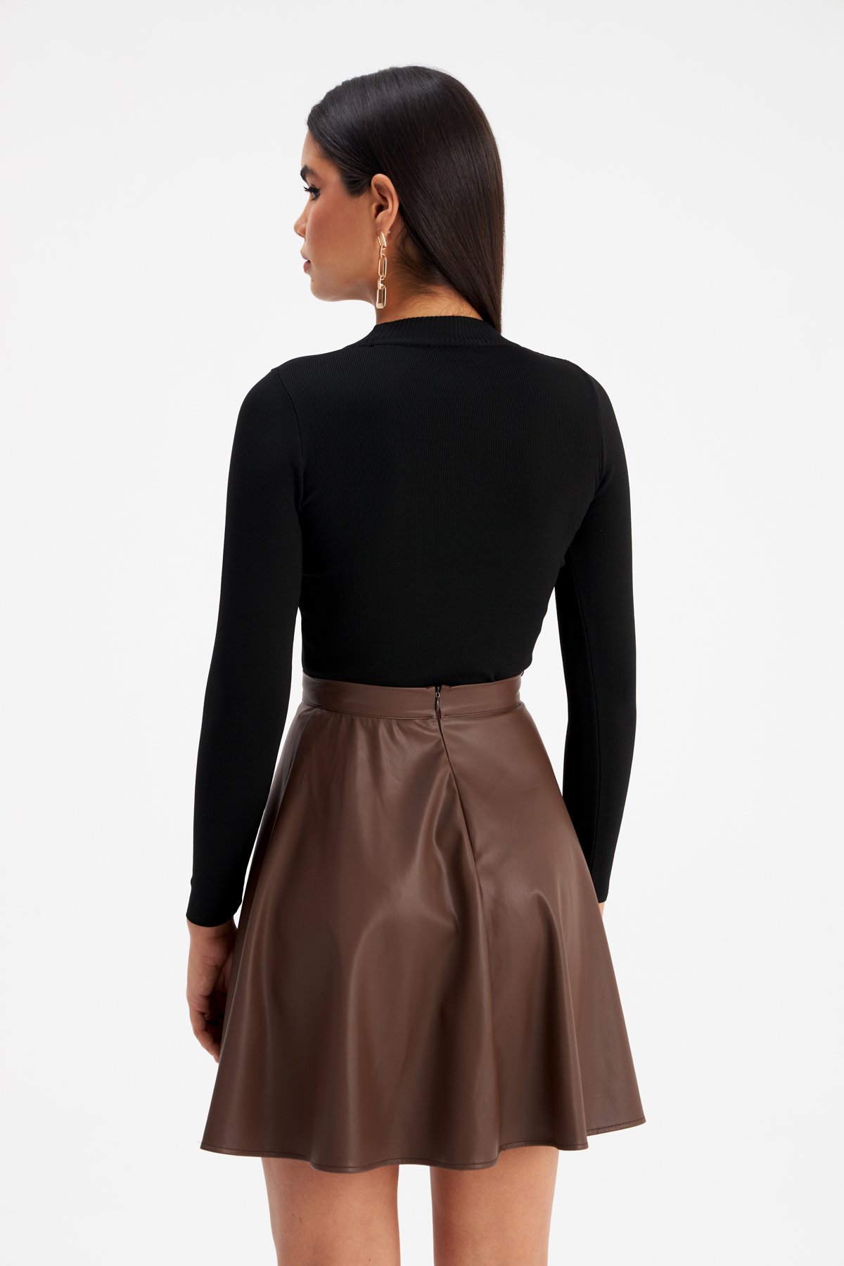 Kloş mini deri etek - KOYU KAHVE