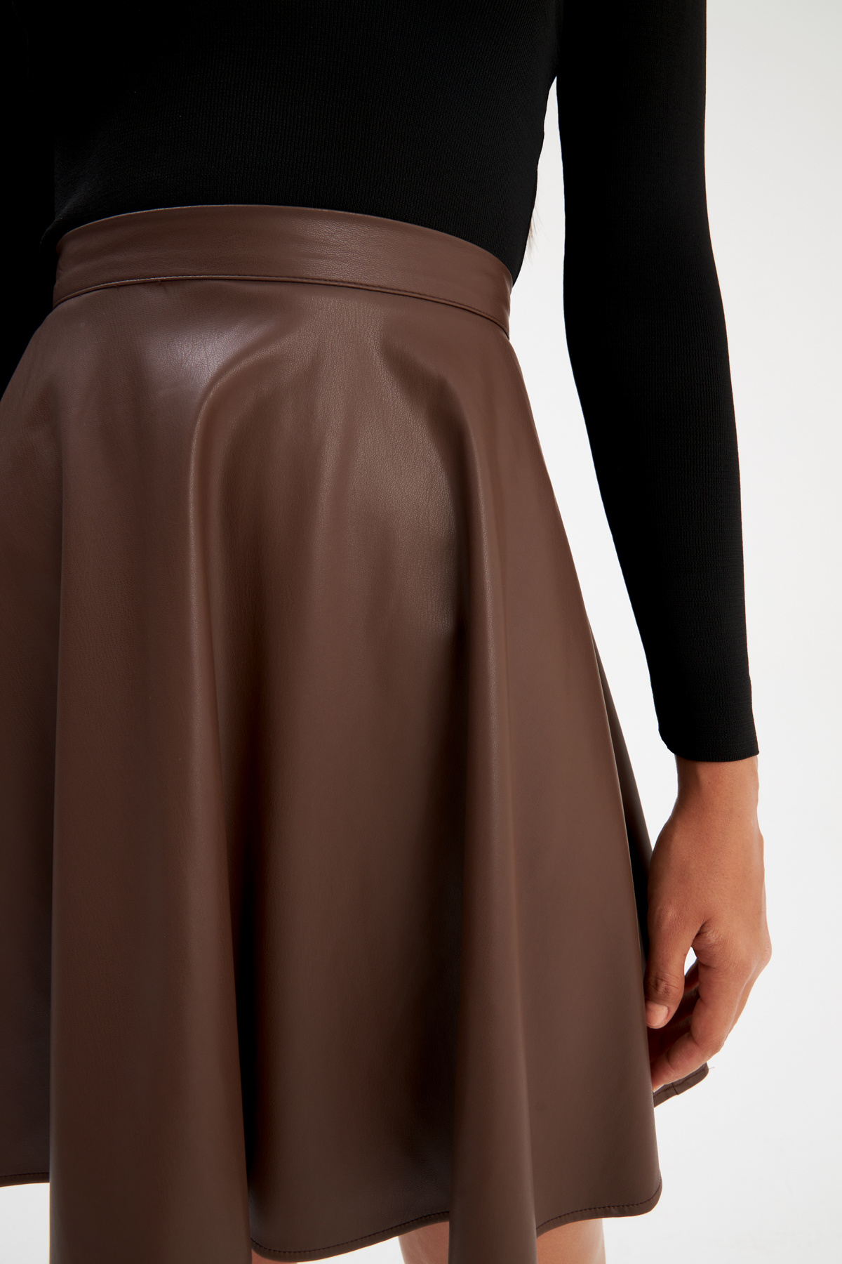 Kloş mini deri etek - KOYU KAHVE