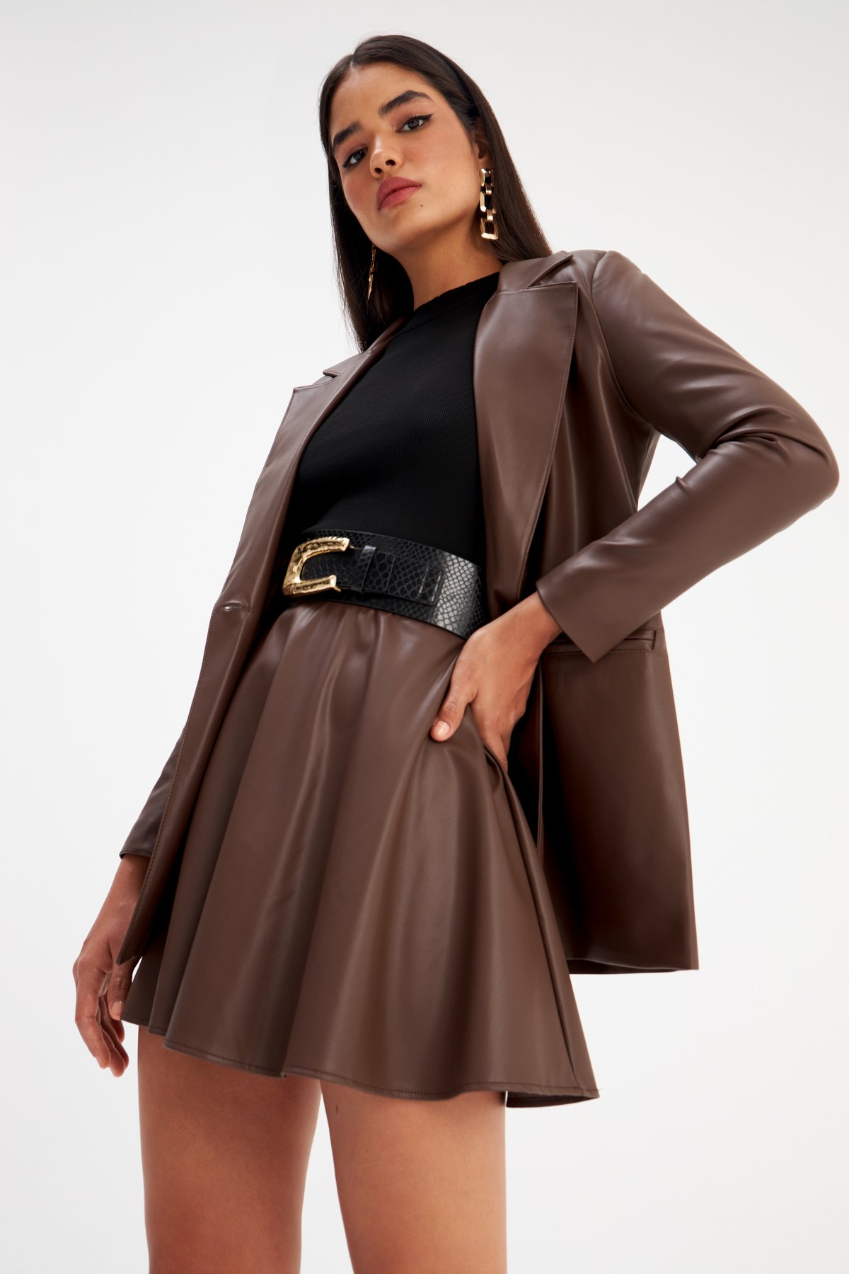 Kloş mini deri etek - KOYU KAHVE