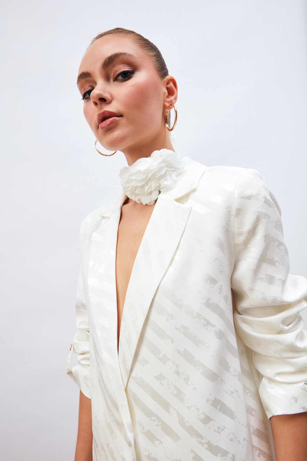 Kol Detaylı Desenli Salaş Ceket - EKRU