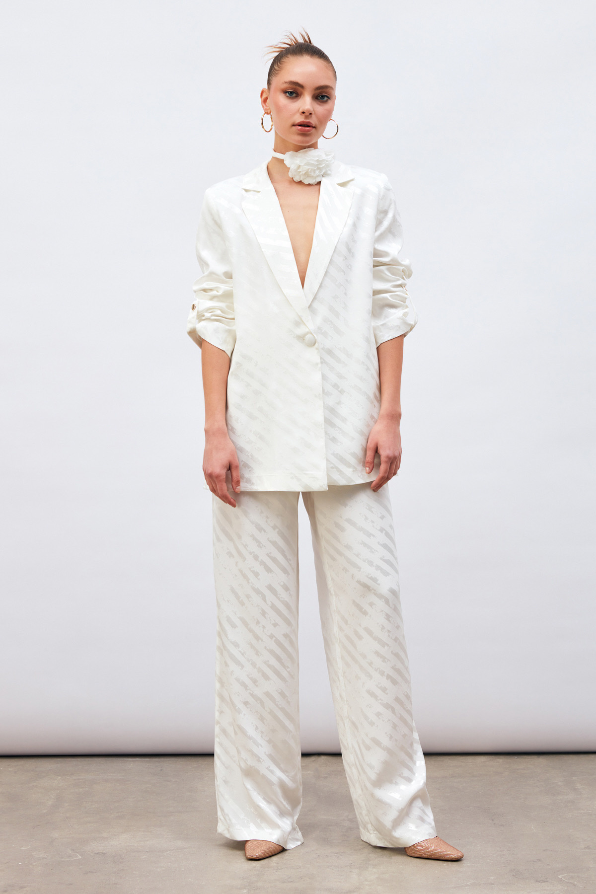 Kol Detaylı Desenli Salaş Ceket - EKRU