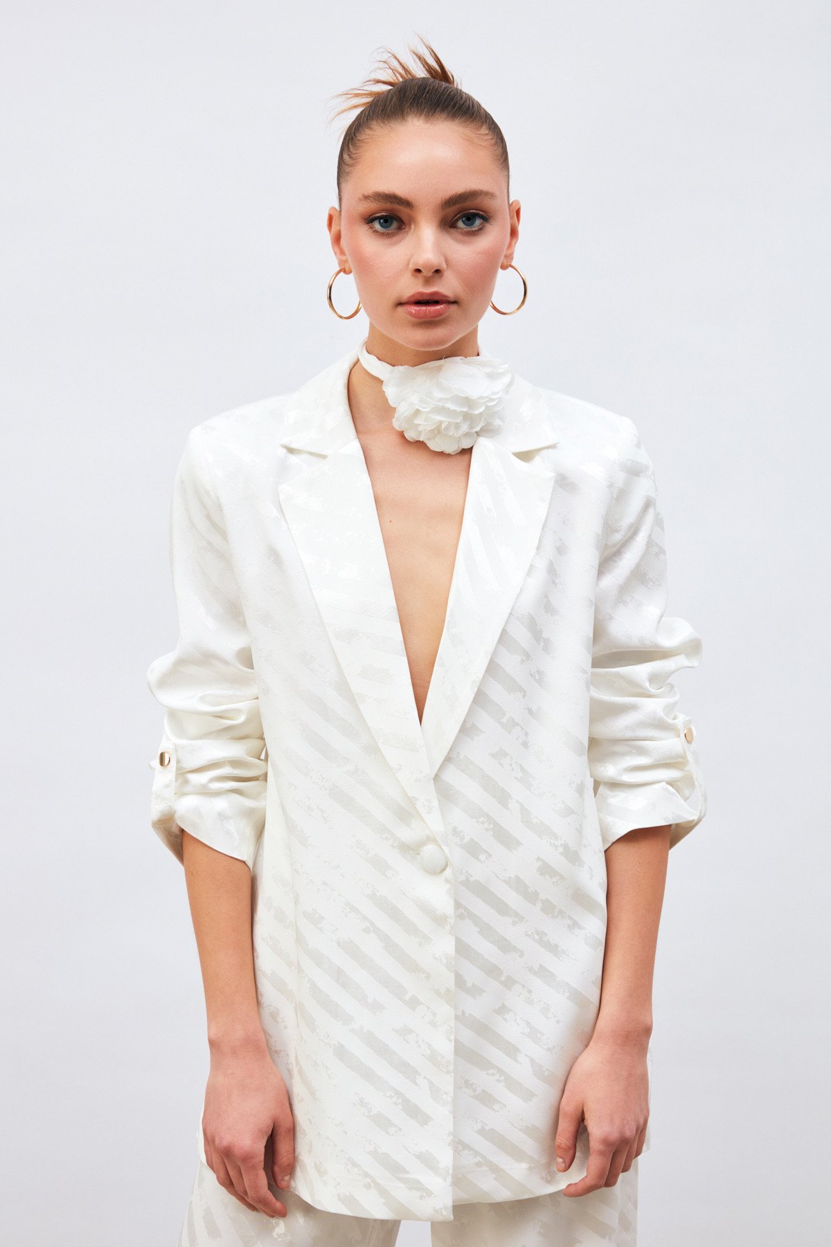 Kol Detaylı Desenli Salaş Ceket - EKRU