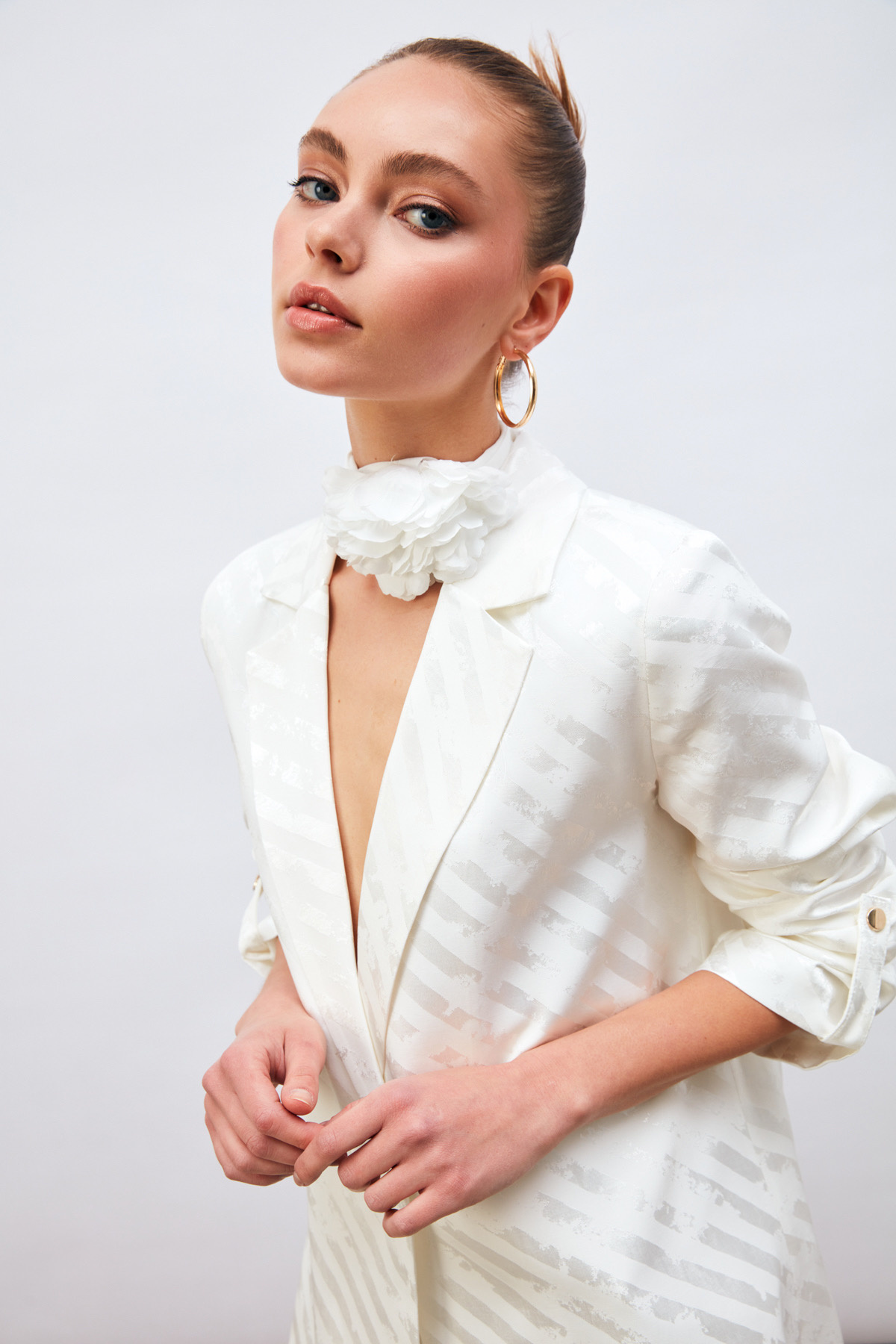 Kol Detaylı Desenli Salaş Ceket - EKRU