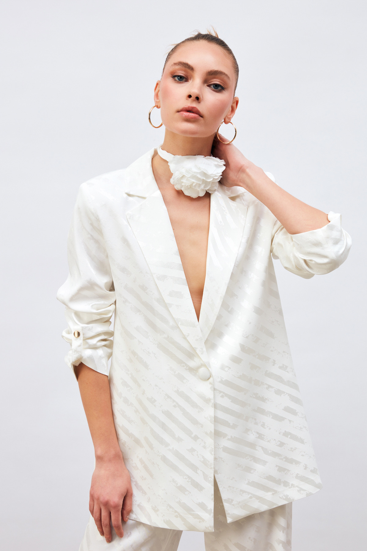 Kol Detaylı Desenli Salaş Ceket - EKRU