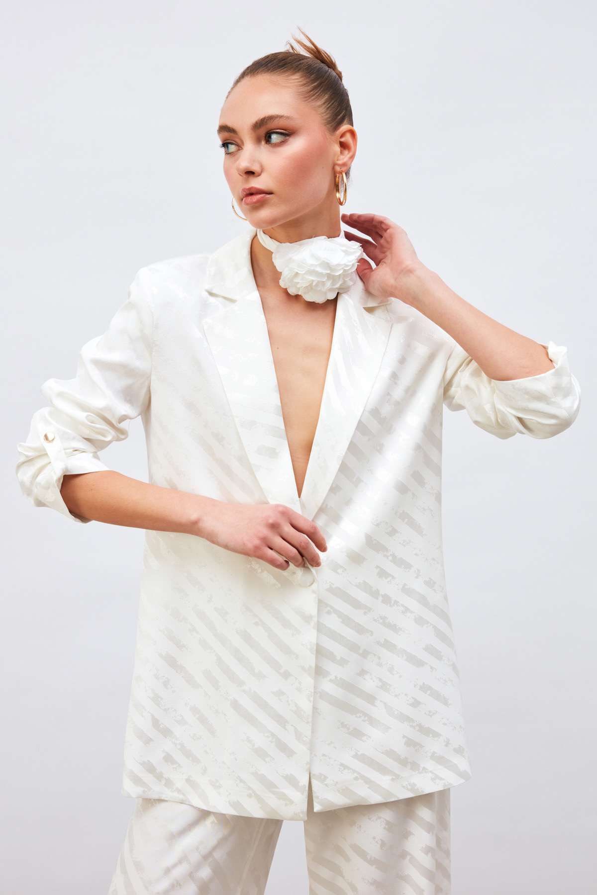 Kol Detaylı Desenli Salaş Ceket - EKRU