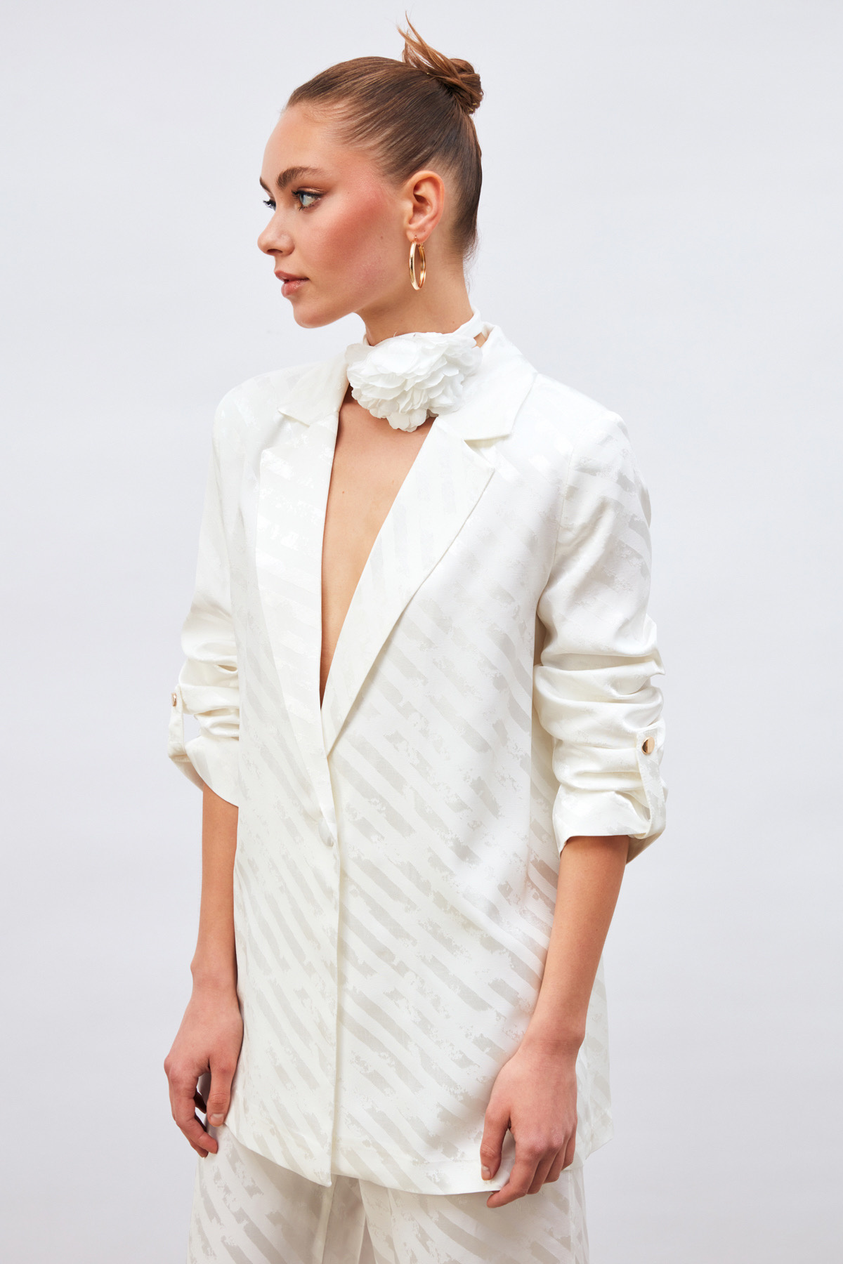 Kol Detaylı Desenli Salaş Ceket - EKRU