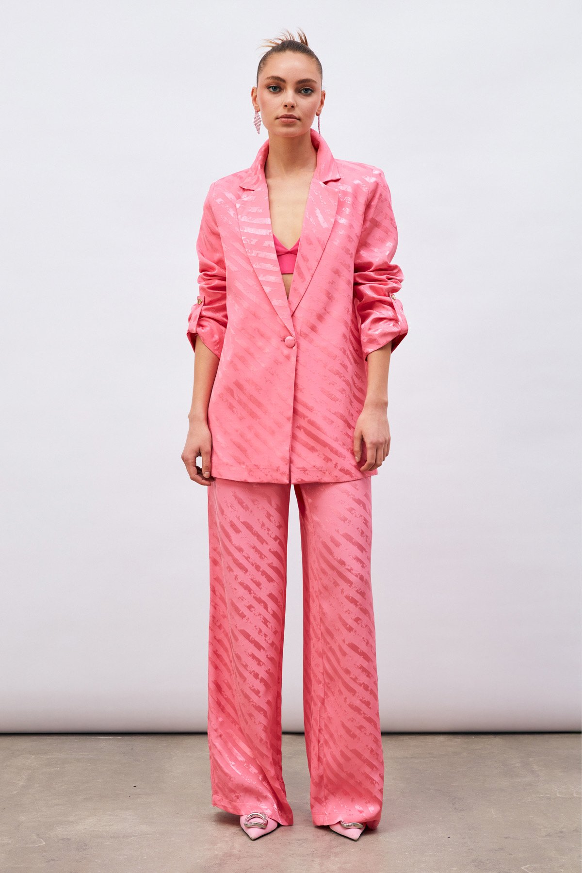 Kol Detaylı Desenli Salaş Ceket - PEMBE