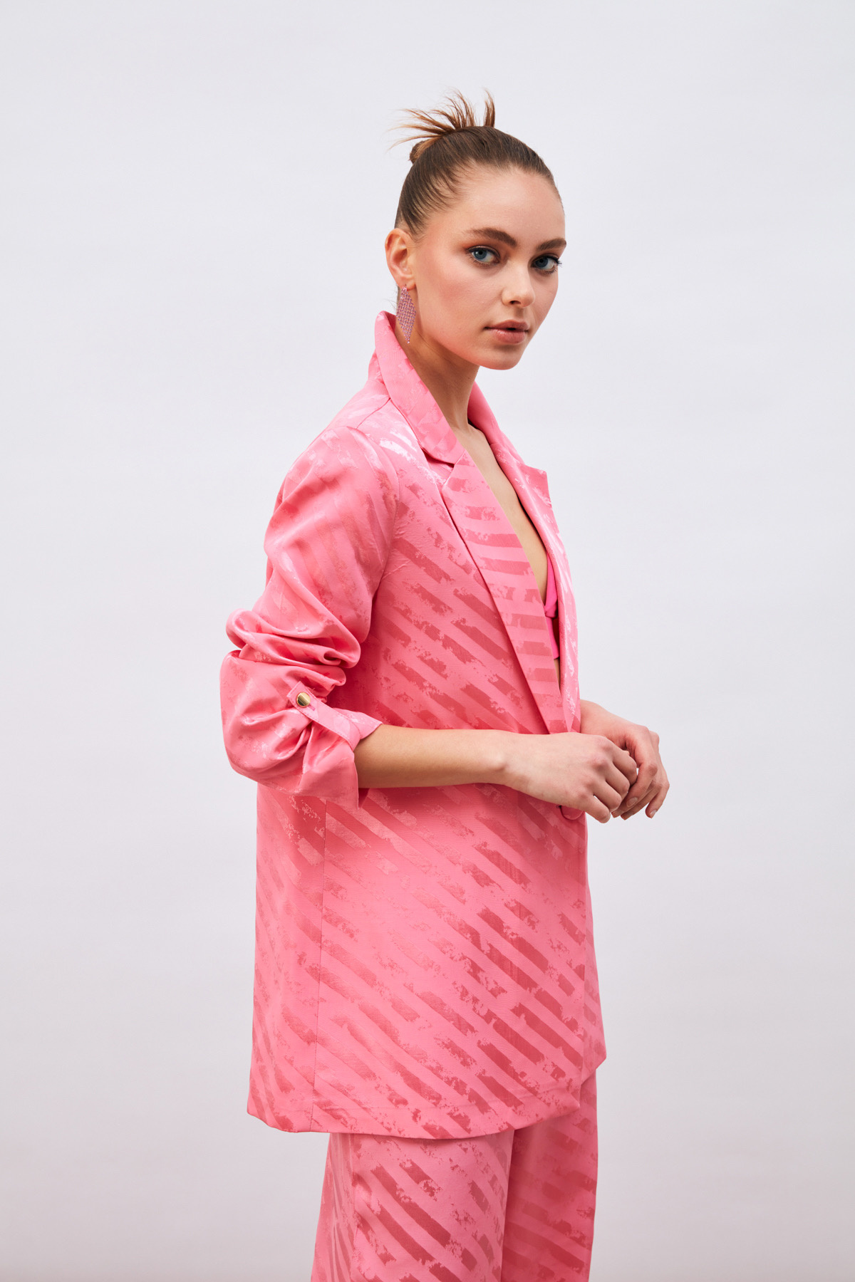 Kol Detaylı Desenli Salaş Ceket - PEMBE