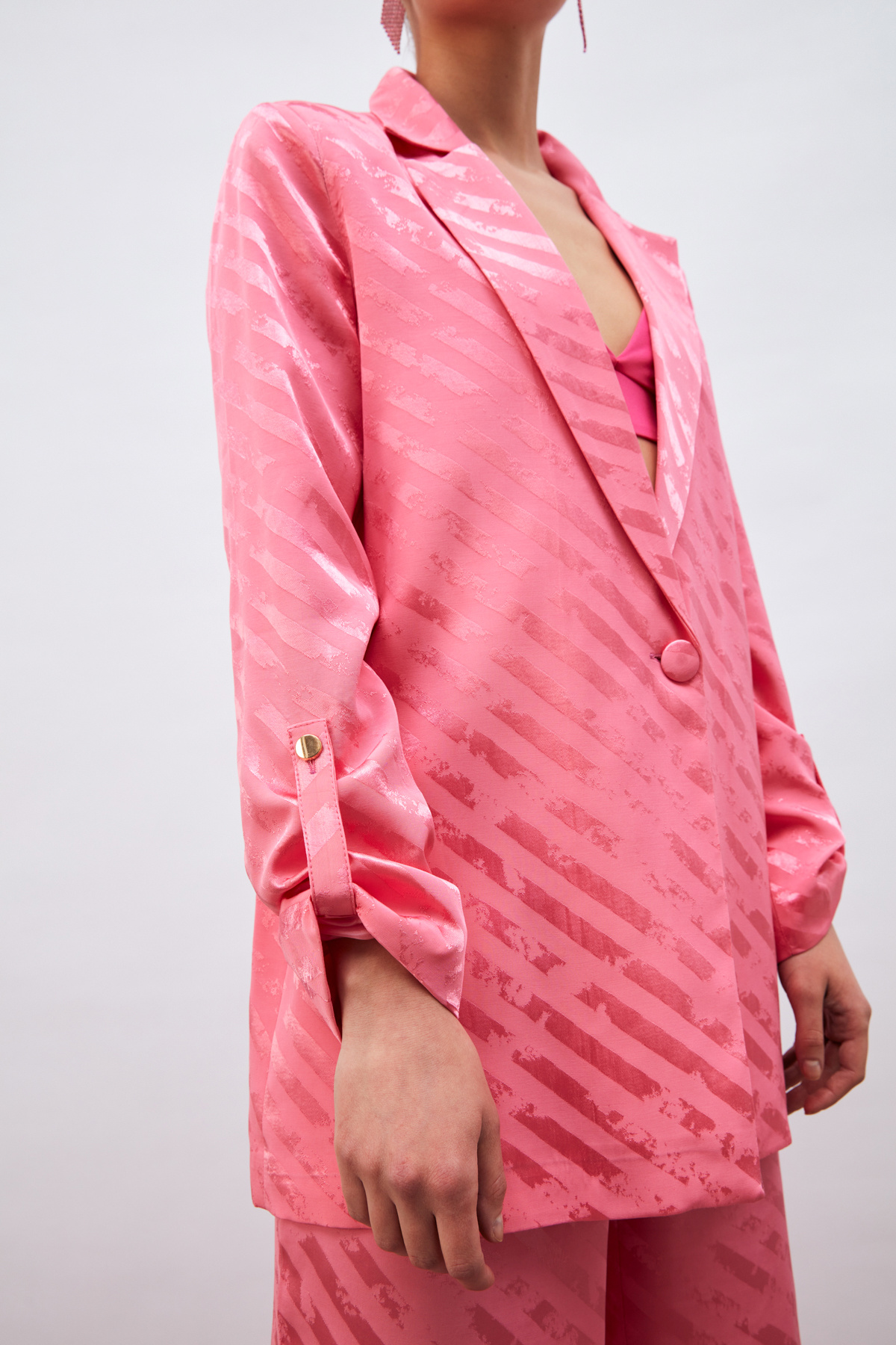 Kol Detaylı Desenli Salaş Ceket - PEMBE