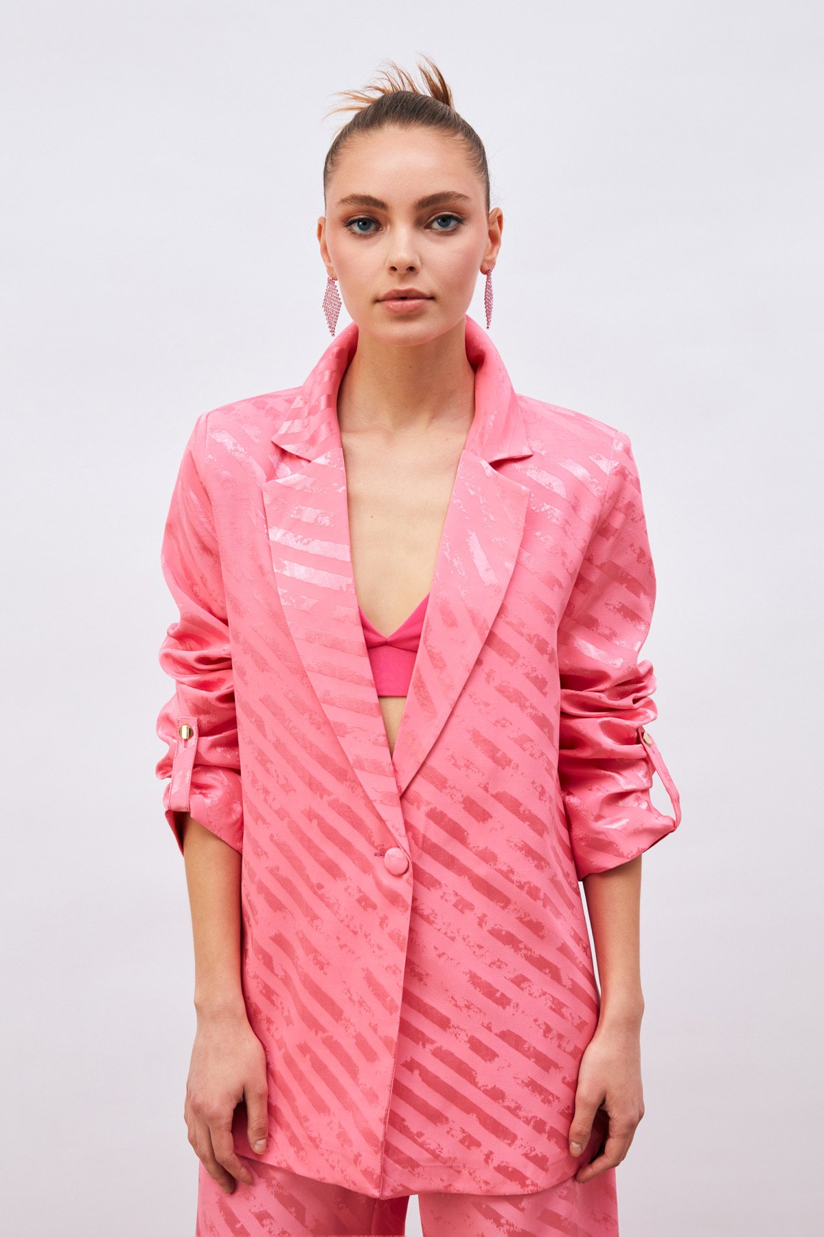 Kol Detaylı Desenli Salaş Ceket - PEMBE