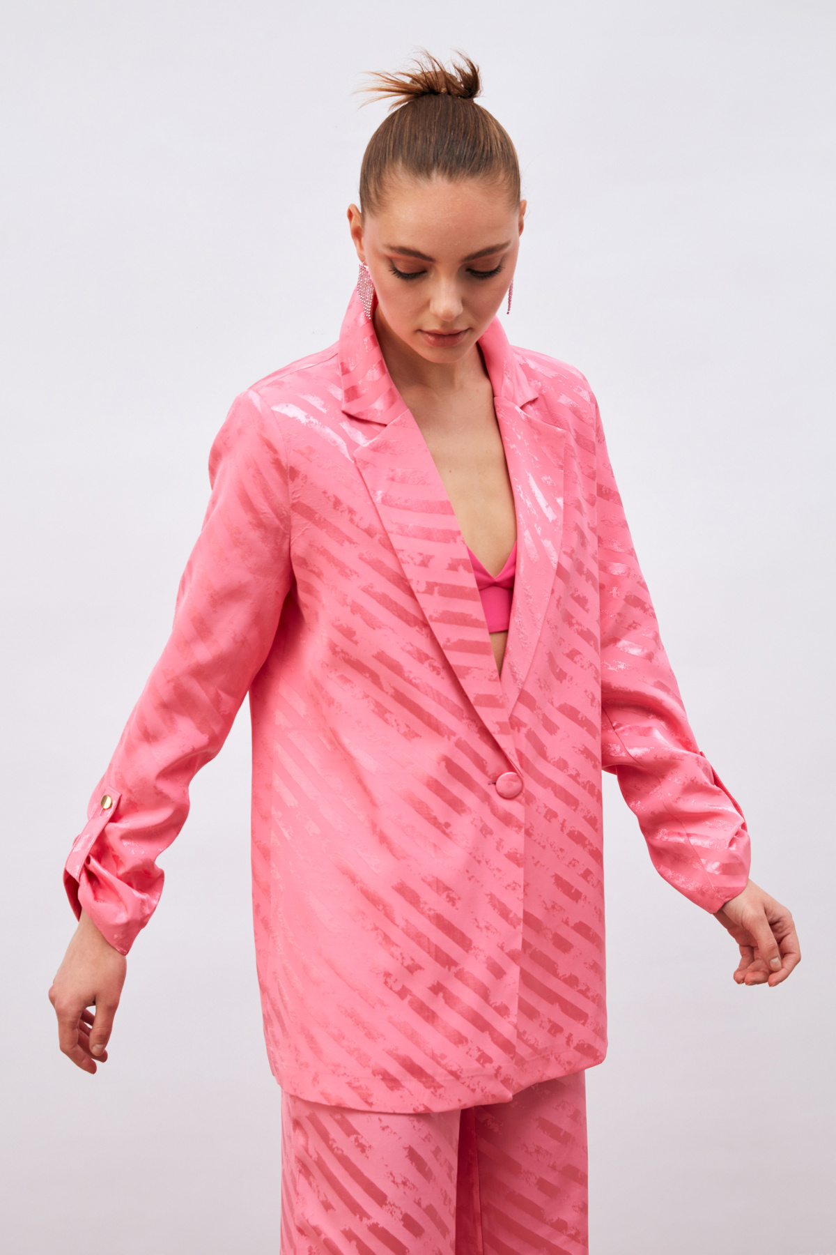 Kol Detaylı Desenli Salaş Ceket - PEMBE