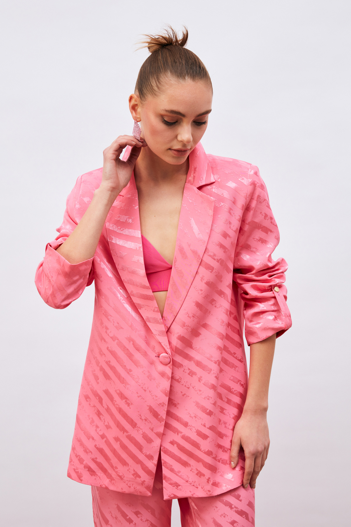 Kol Detaylı Desenli Salaş Ceket - PEMBE