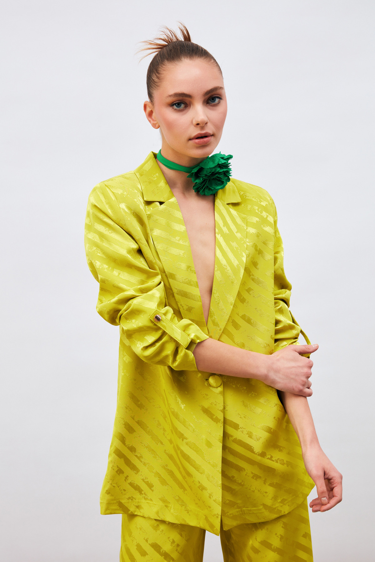 Kol Detaylı Desenli Salaş Ceket - YAĞ YEŞİLİ