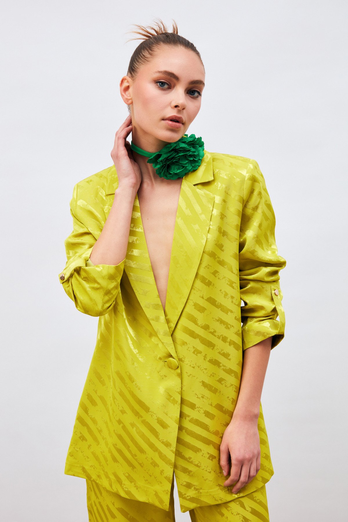 Kol Detaylı Desenli Salaş Ceket - YAĞ YEŞİLİ