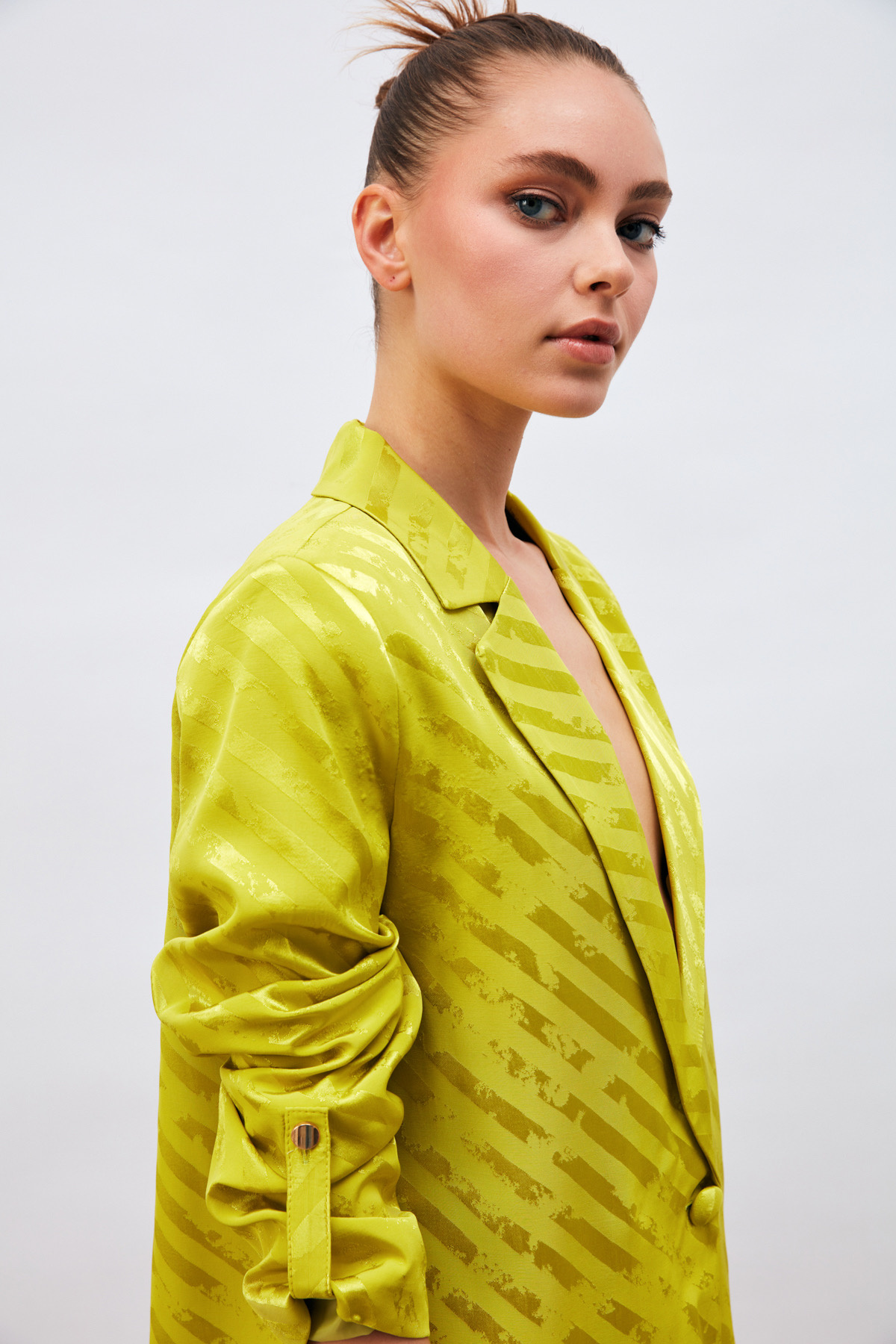 Kol Detaylı Desenli Salaş Ceket - YAĞ YEŞİLİ