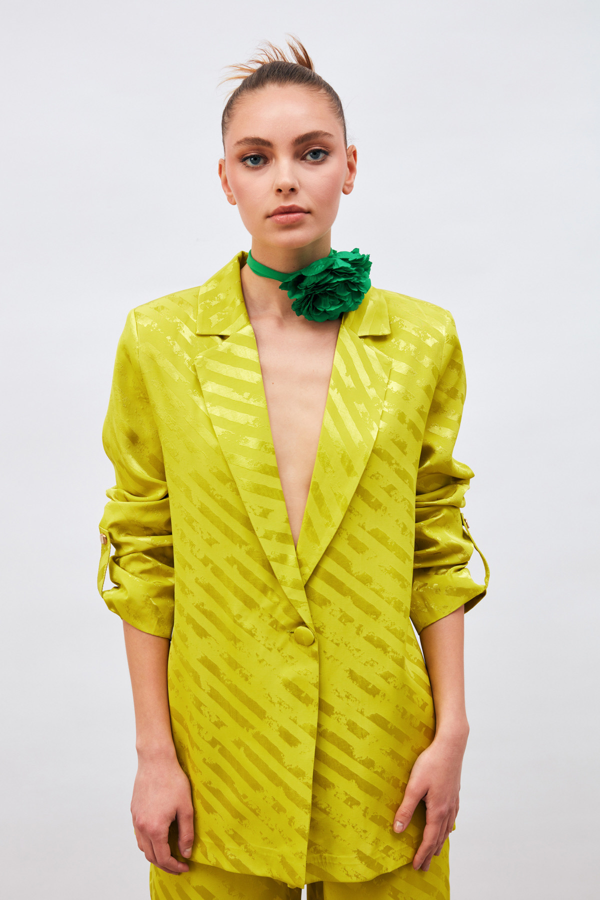 Kol Detaylı Desenli Salaş Ceket - YAĞ YEŞİLİ