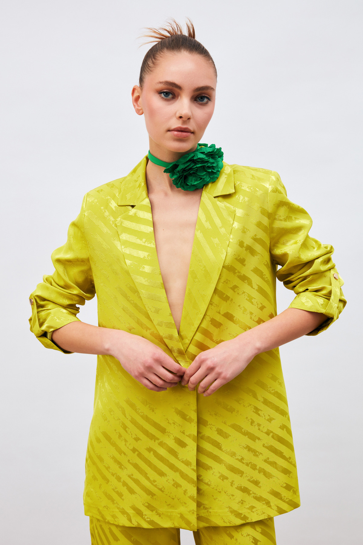 Kol Detaylı Desenli Salaş Ceket - YAĞ YEŞİLİ