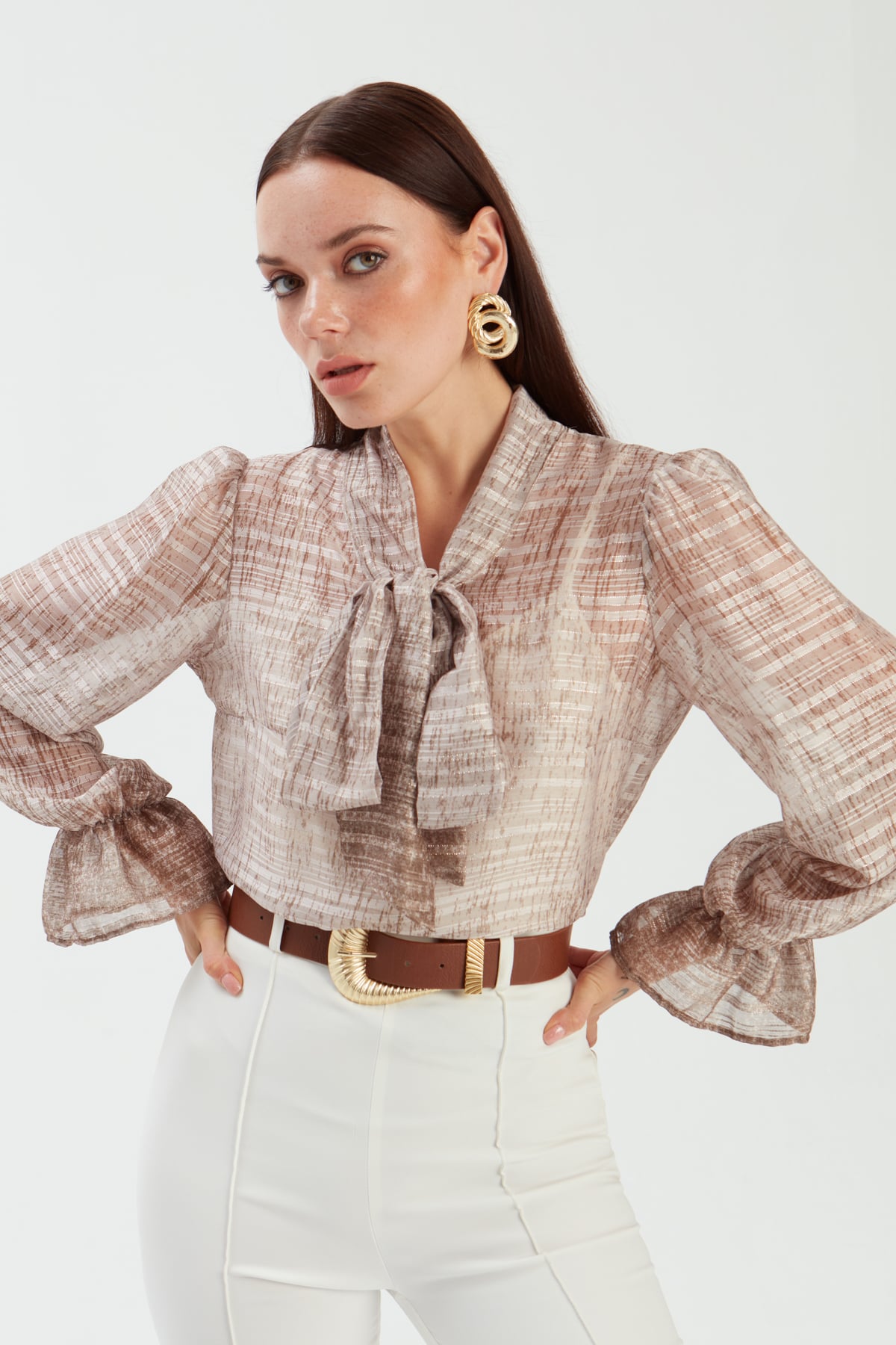 Sleeve Detailed Scarf Blouse - BEIGE