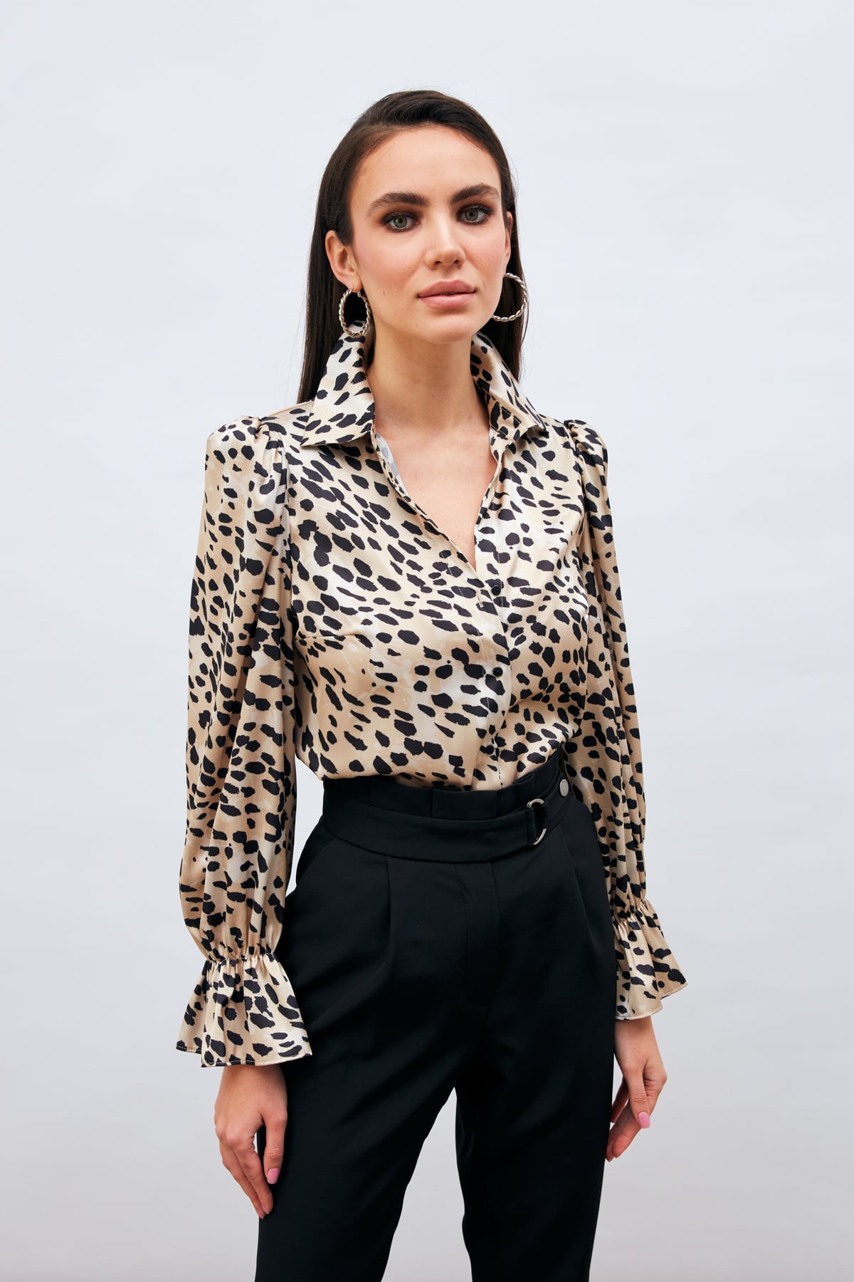 Kol Detaylı Leopar Gömlek - SİYAH