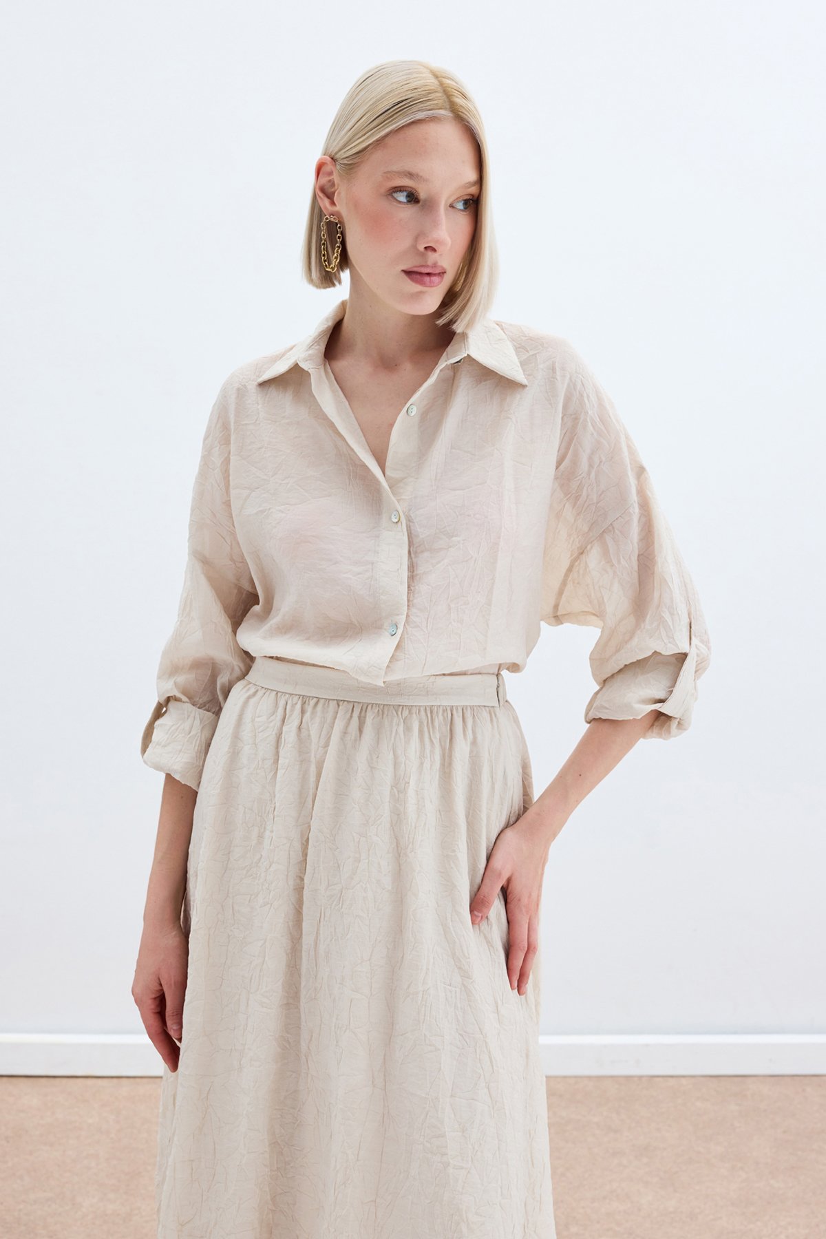 Kol Detaylı Salaş Gömlek - Bej