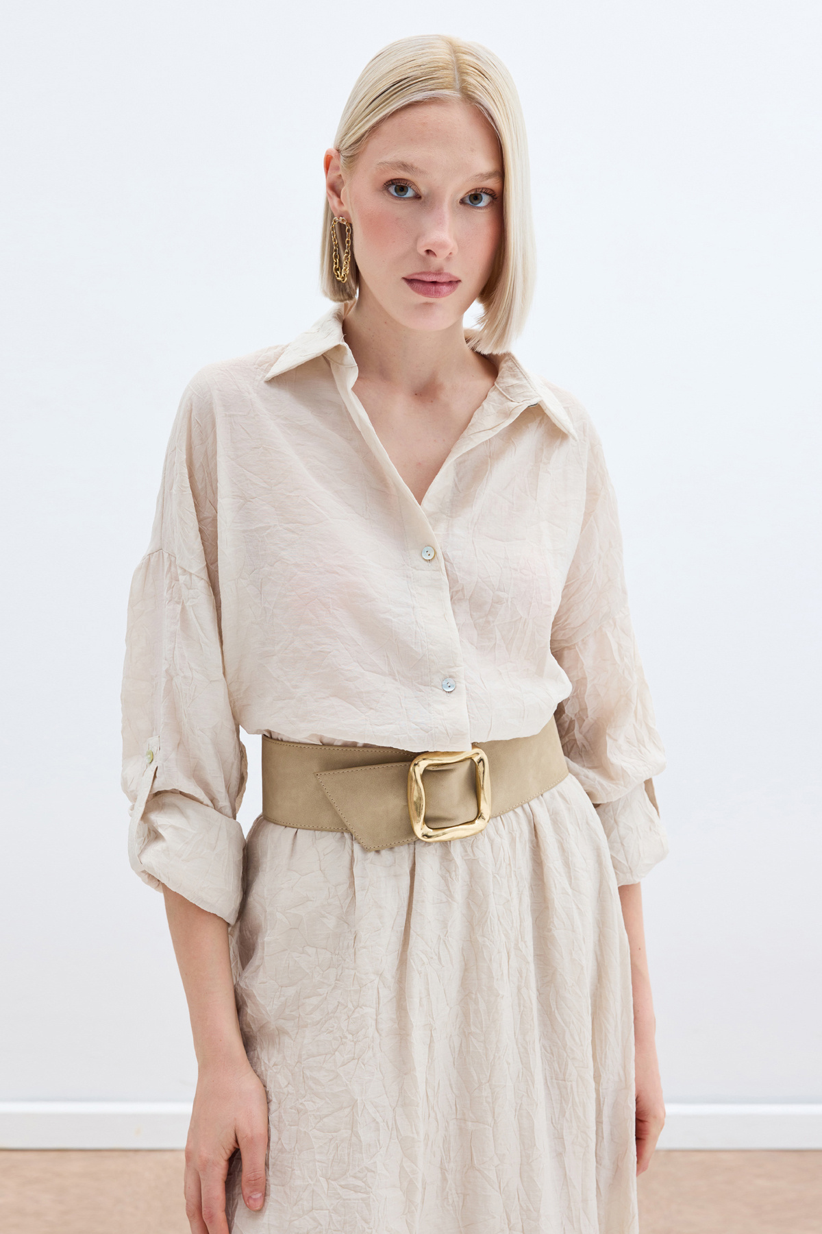 Kol Detaylı Salaş Gömlek - Bej