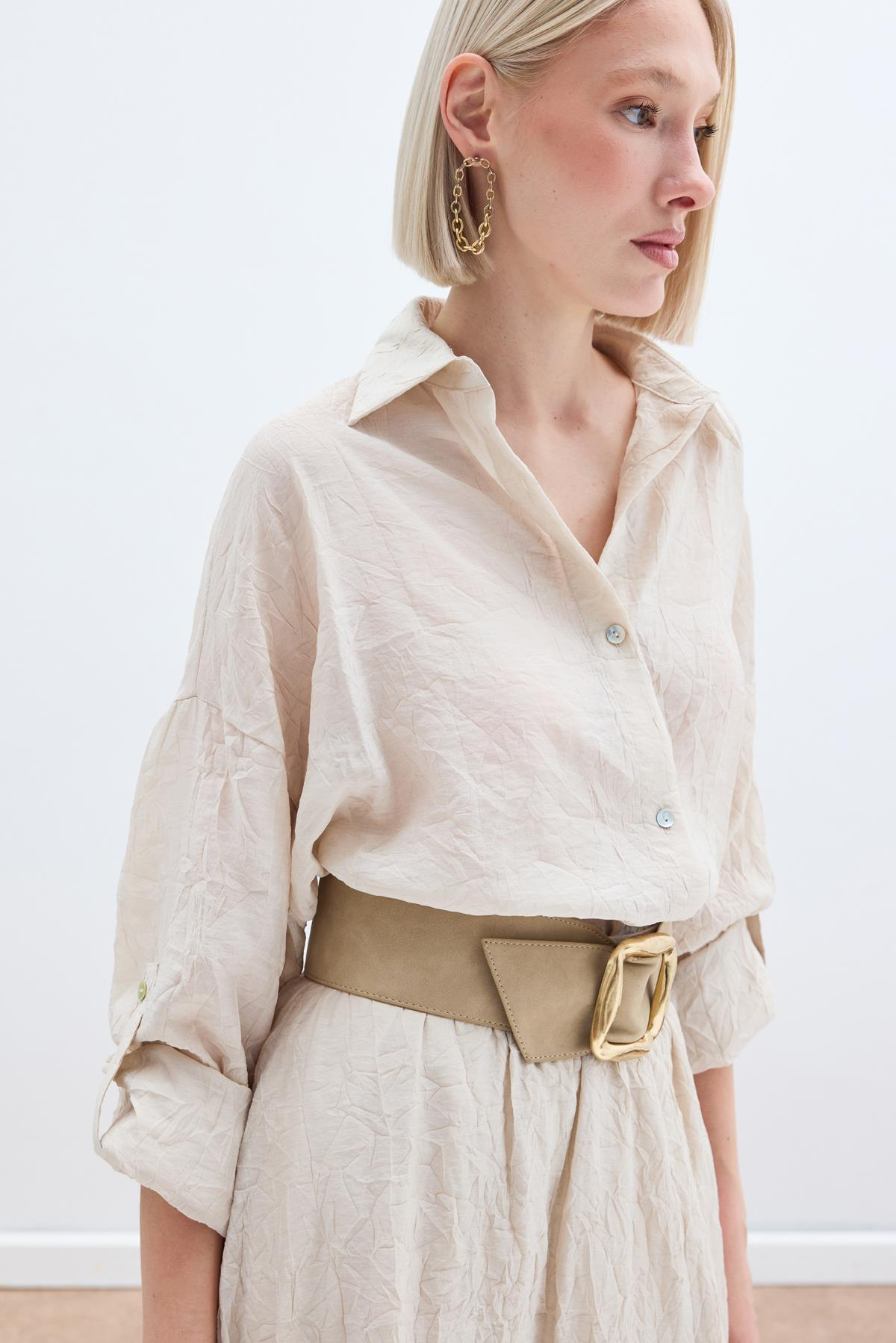 Kol Detaylı Salaş Gömlek - Bej