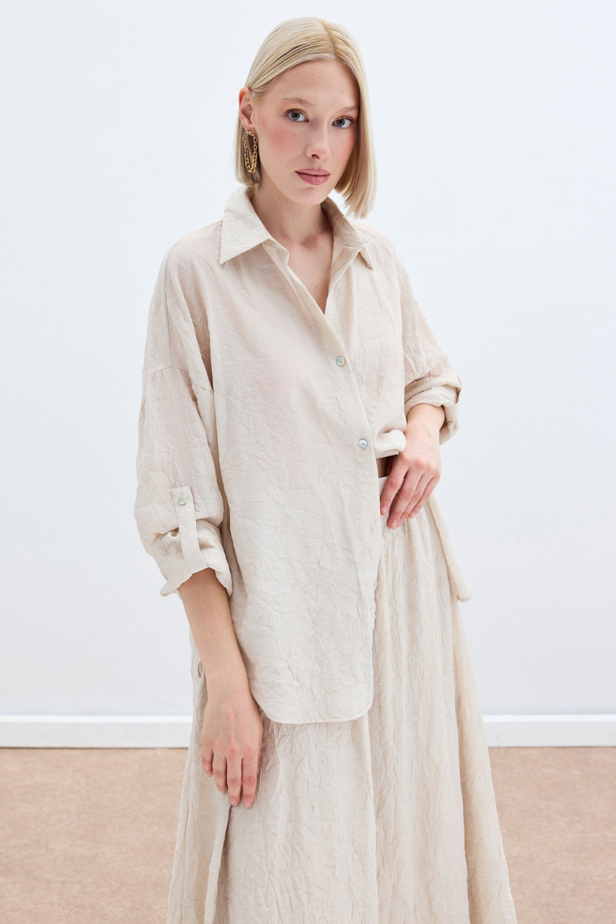 Kol Detaylı Salaş Gömlek - Bej