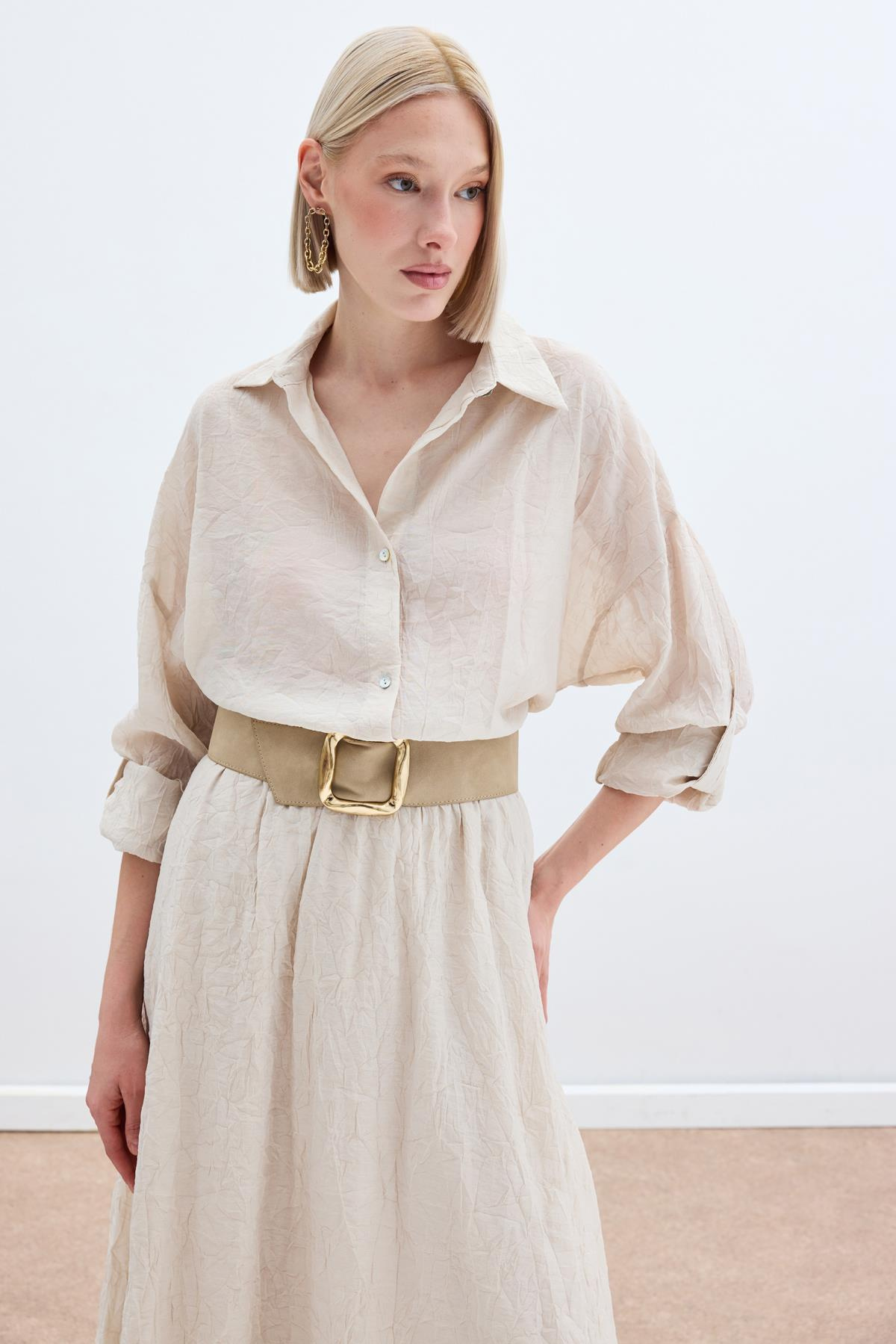 Kol Detaylı Salaş Gömlek - Bej