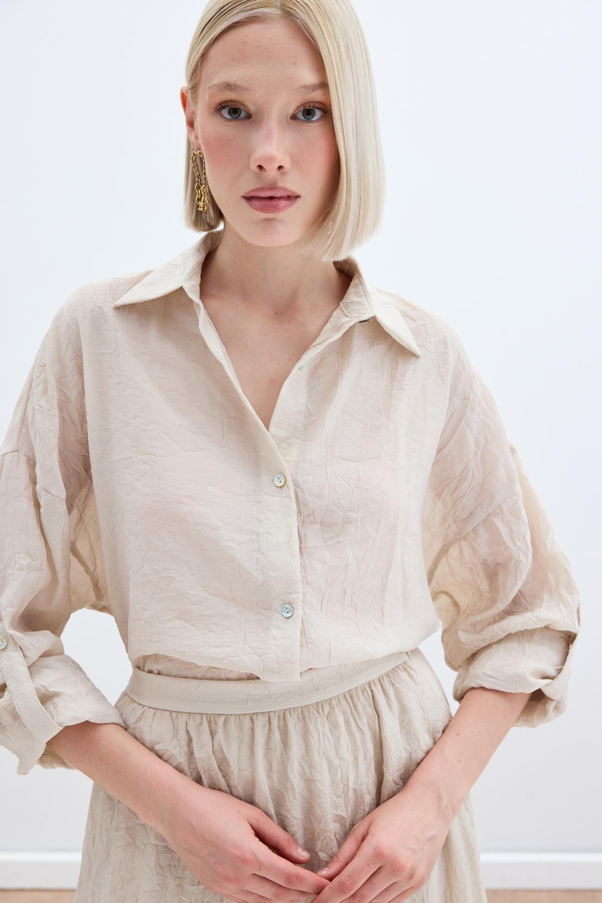 Kol Detaylı Salaş Gömlek - Bej