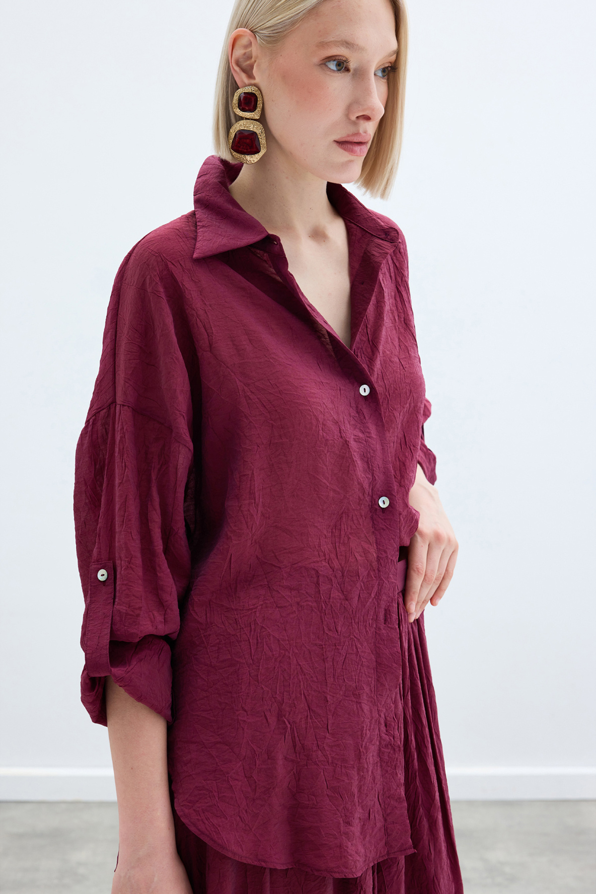 Kol Detaylı Salaş Gömlek - Bordo