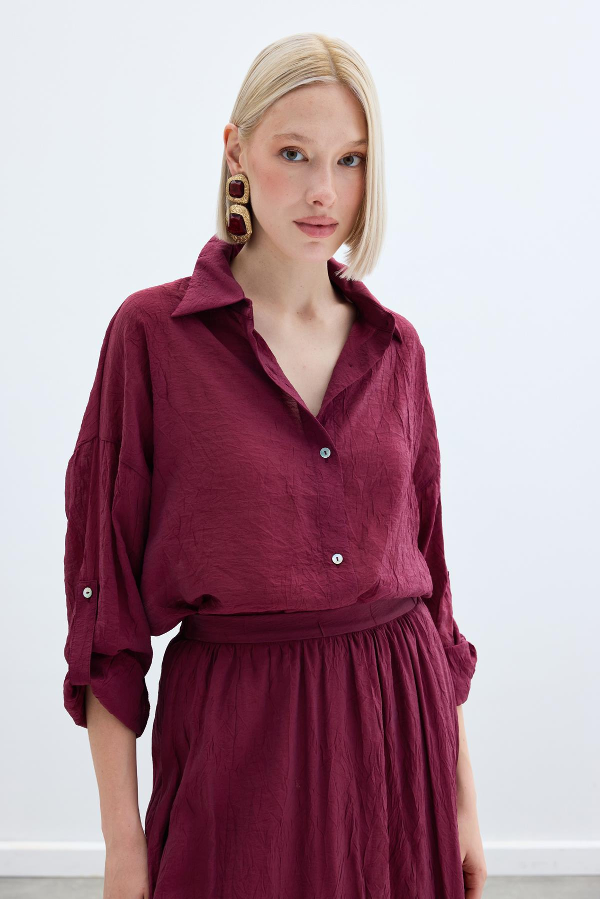 Kol Detaylı Salaş Gömlek - Bordo