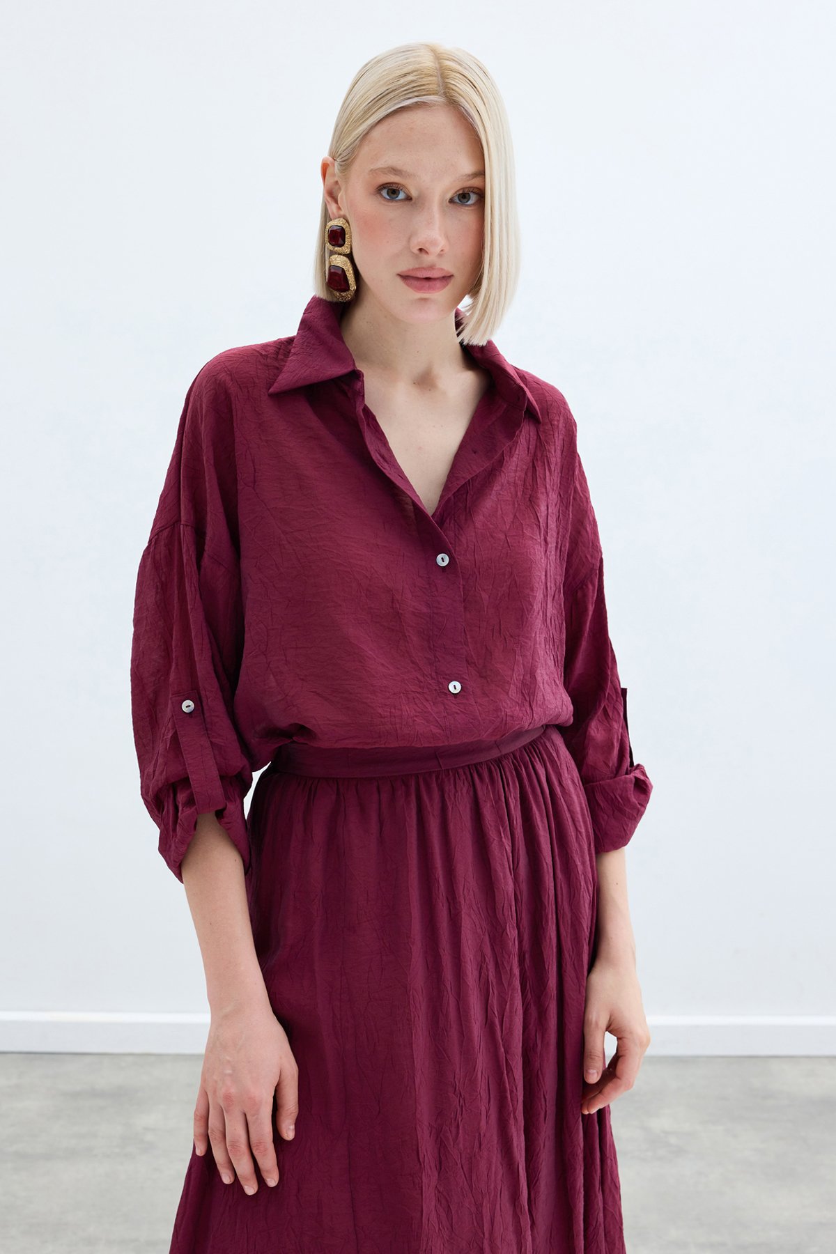 Kol Detaylı Salaş Gömlek - Bordo